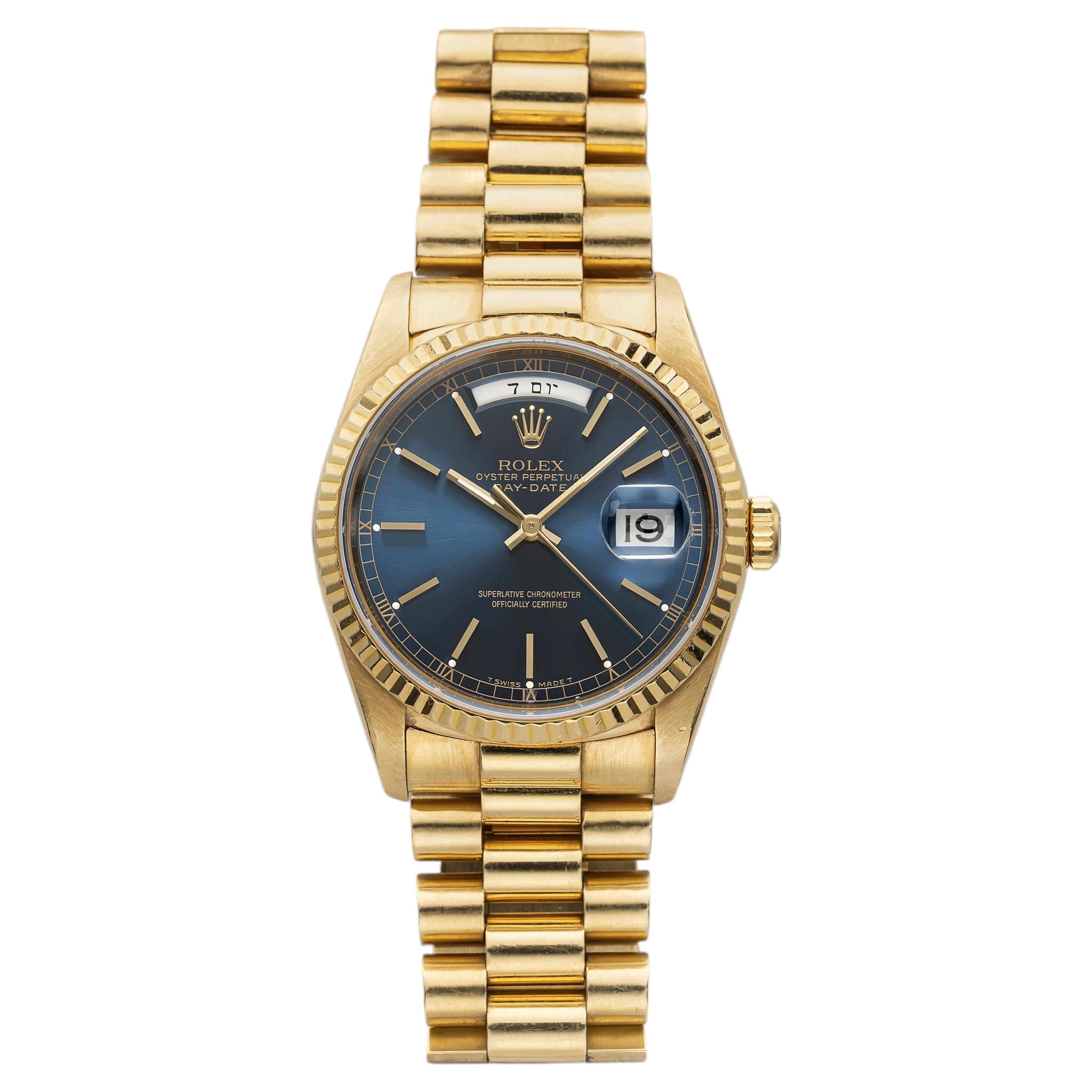 Rolex Day-Date 18238 vintage de 1990, en or jaune 18 carats, cadran bleu, mouvement automatique, 36 mm