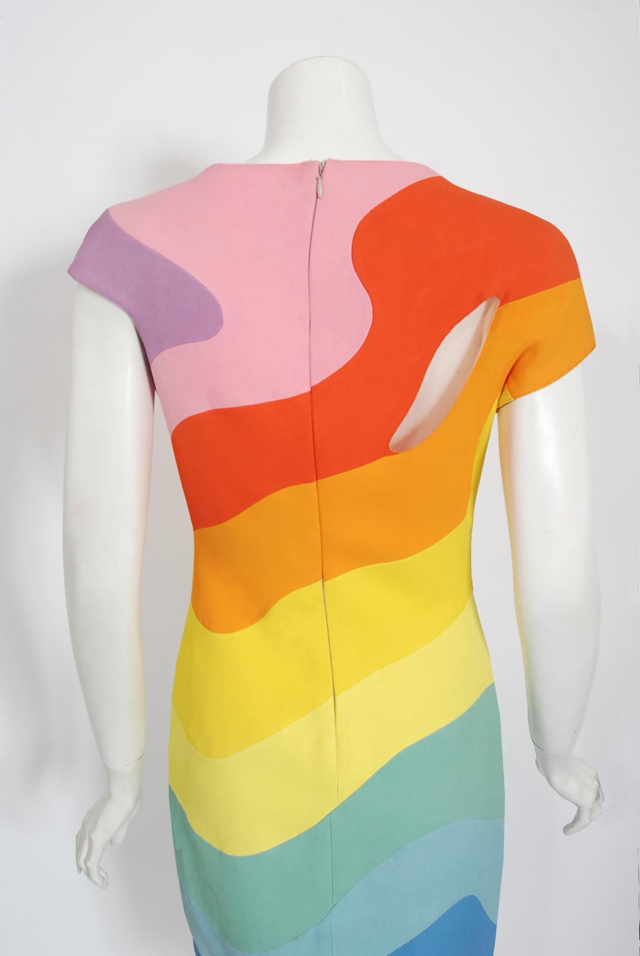 Vintage 1990 Thierry Mugler Couture dokumentiert Regenbogen Bodycon Cut-Out Kleid 6