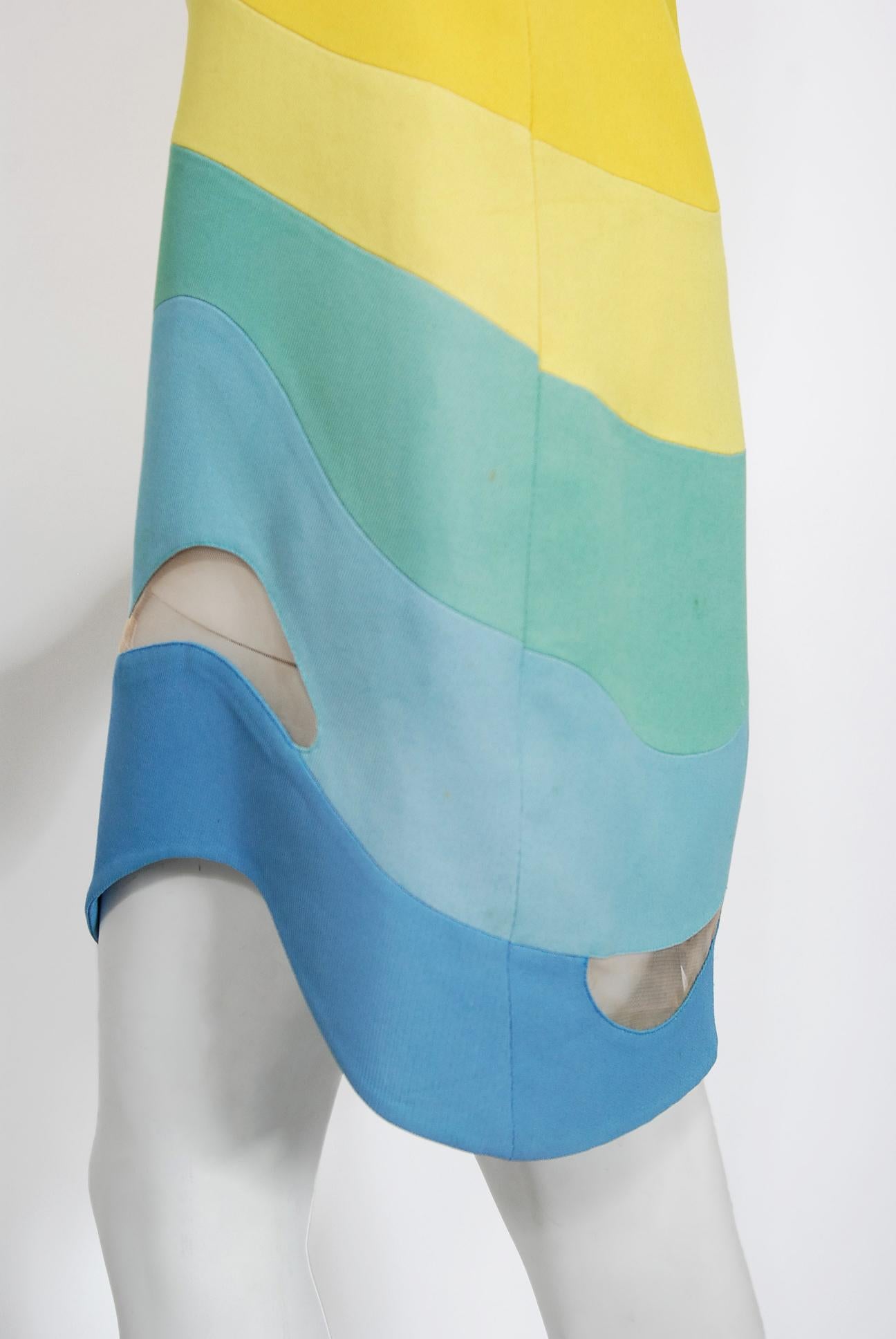 Vintage 1990 Thierry Mugler Couture dokumentiert Regenbogen Bodycon Cut-Out Kleid 4