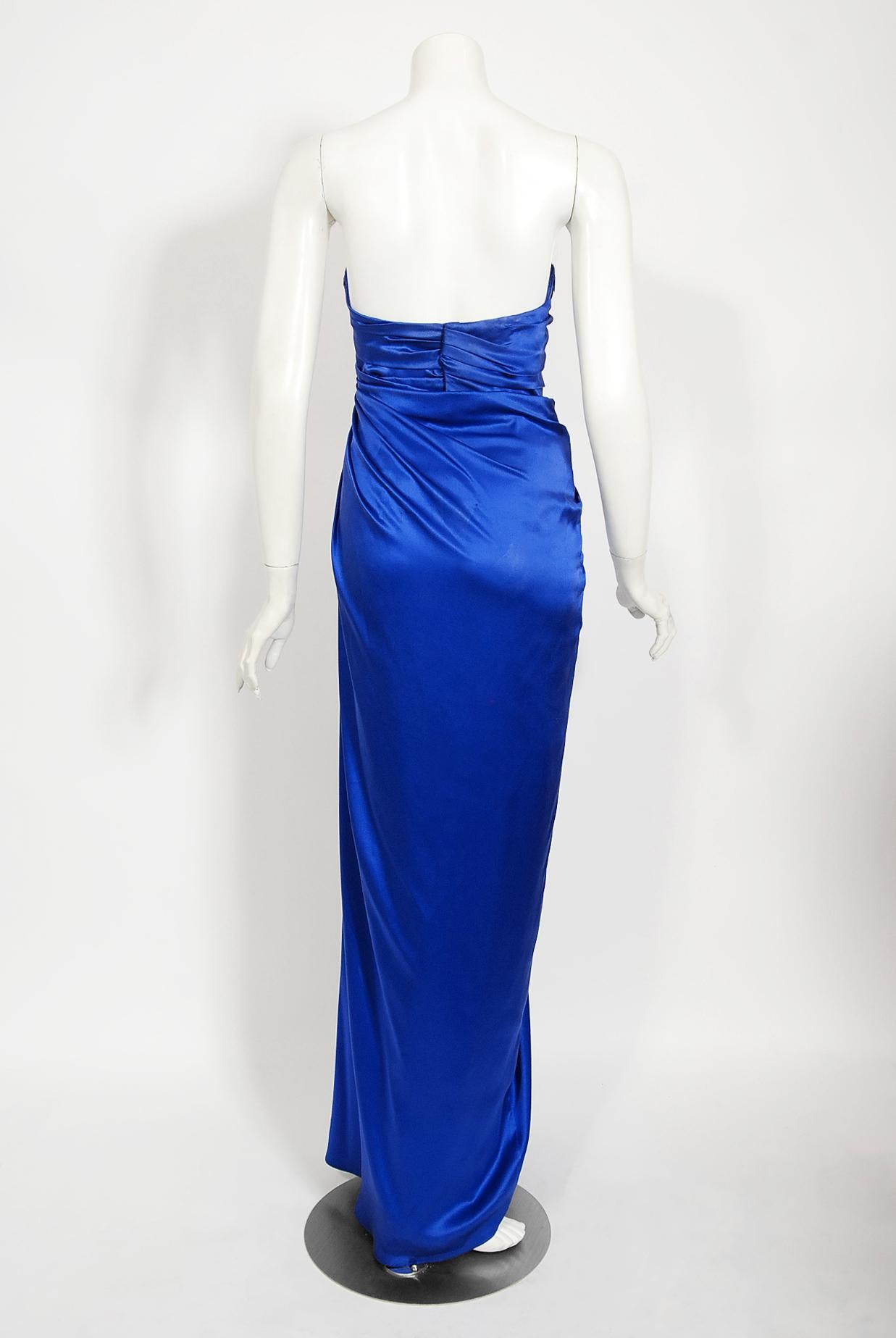 Iconic 1999 Thierry Mugler Documented Sapphire Blue Silk Corset Strapless Gown For Sale 4
