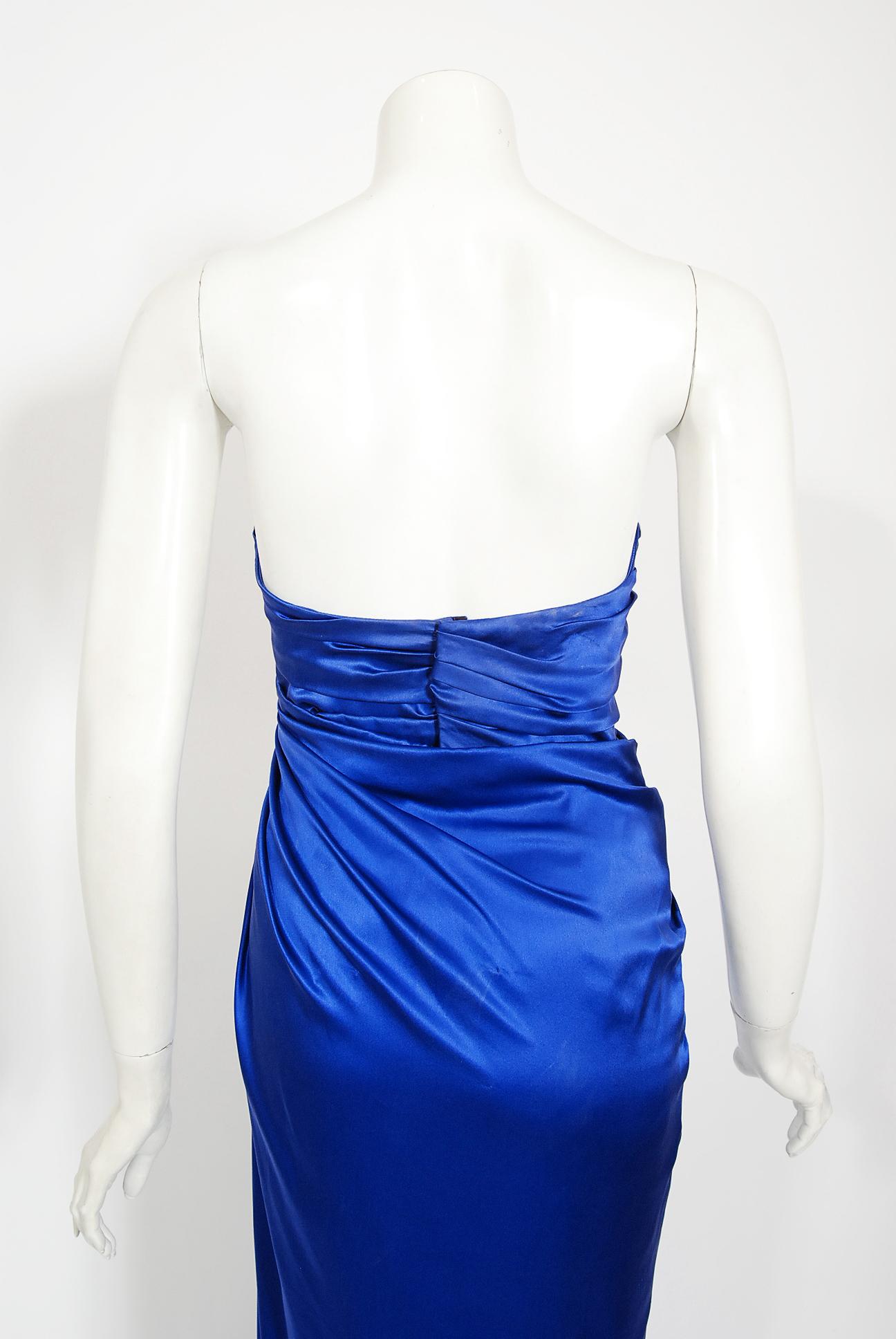 Iconic 1990 Thierry Mugler Documented Sapphire Blue Silk Corset Strapless Gown For Sale 5