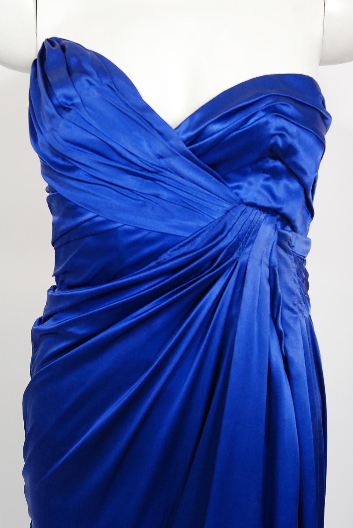 blue silk strapless dress