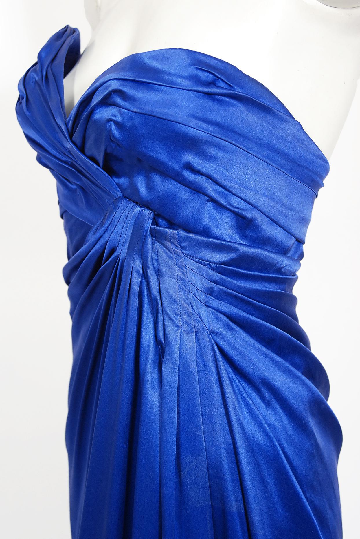 Iconic 1999 Thierry Mugler Documented Sapphire Blue Silk Corset Strapless Gown In Good Condition For Sale In Beverly Hills, CA