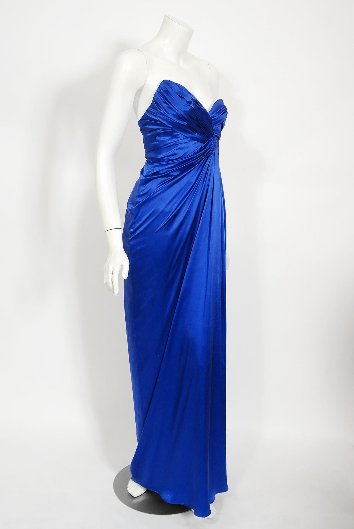 Iconic 1990 Thierry Mugler Documented Sapphire Blue Silk Corset Strapless Gown For Sale 2