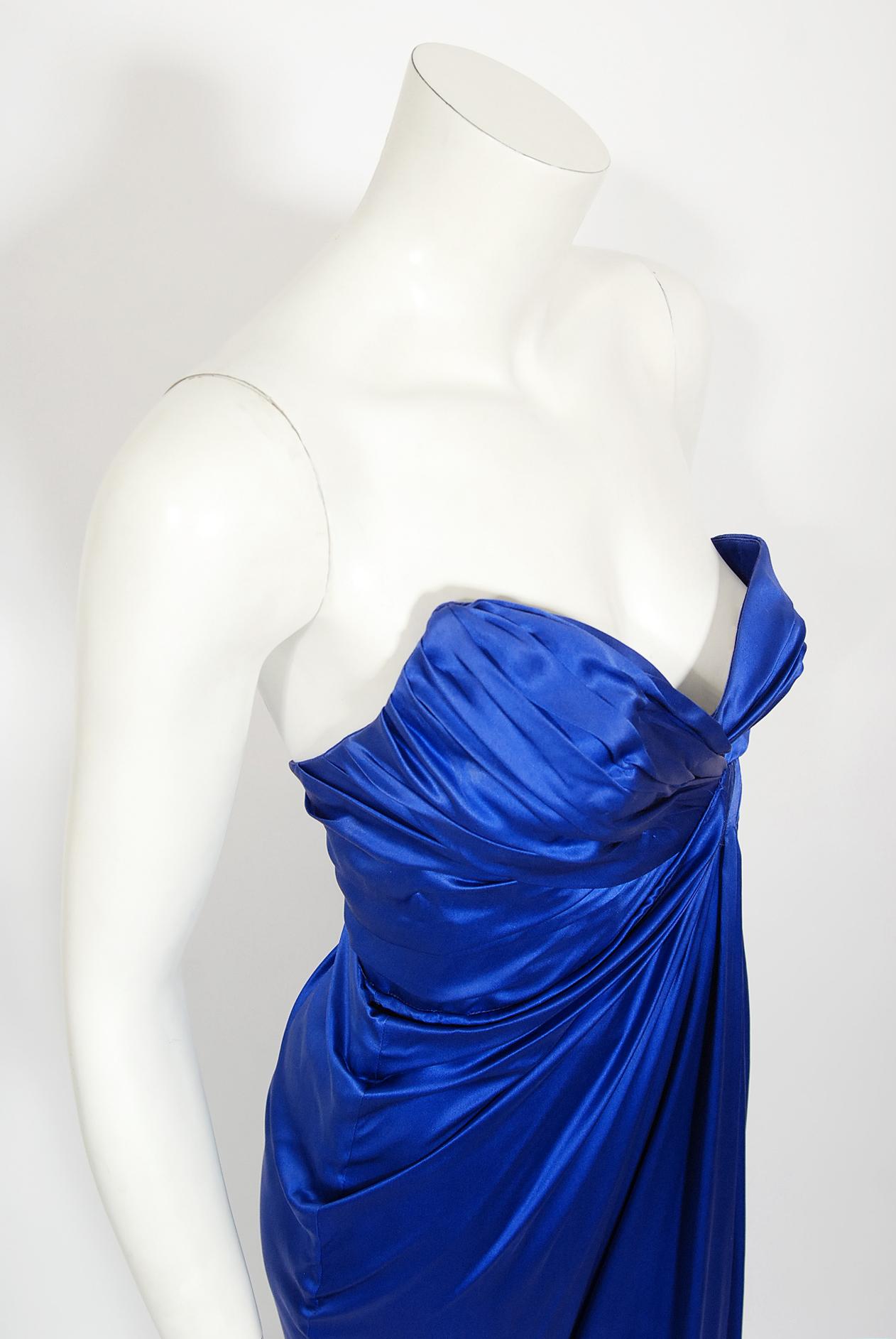 Iconic 1999 Thierry Mugler Documented Sapphire Blue Silk Corset Strapless Gown For Sale 3