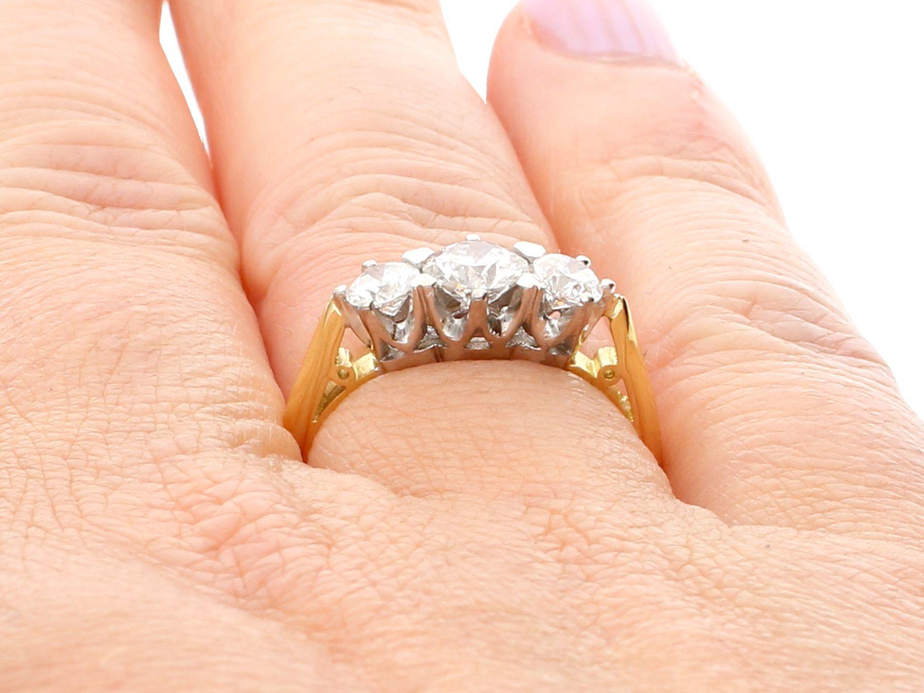 Vintage 1990s 1.18 Carat Diamond Yellow Gold Three Stone Ring