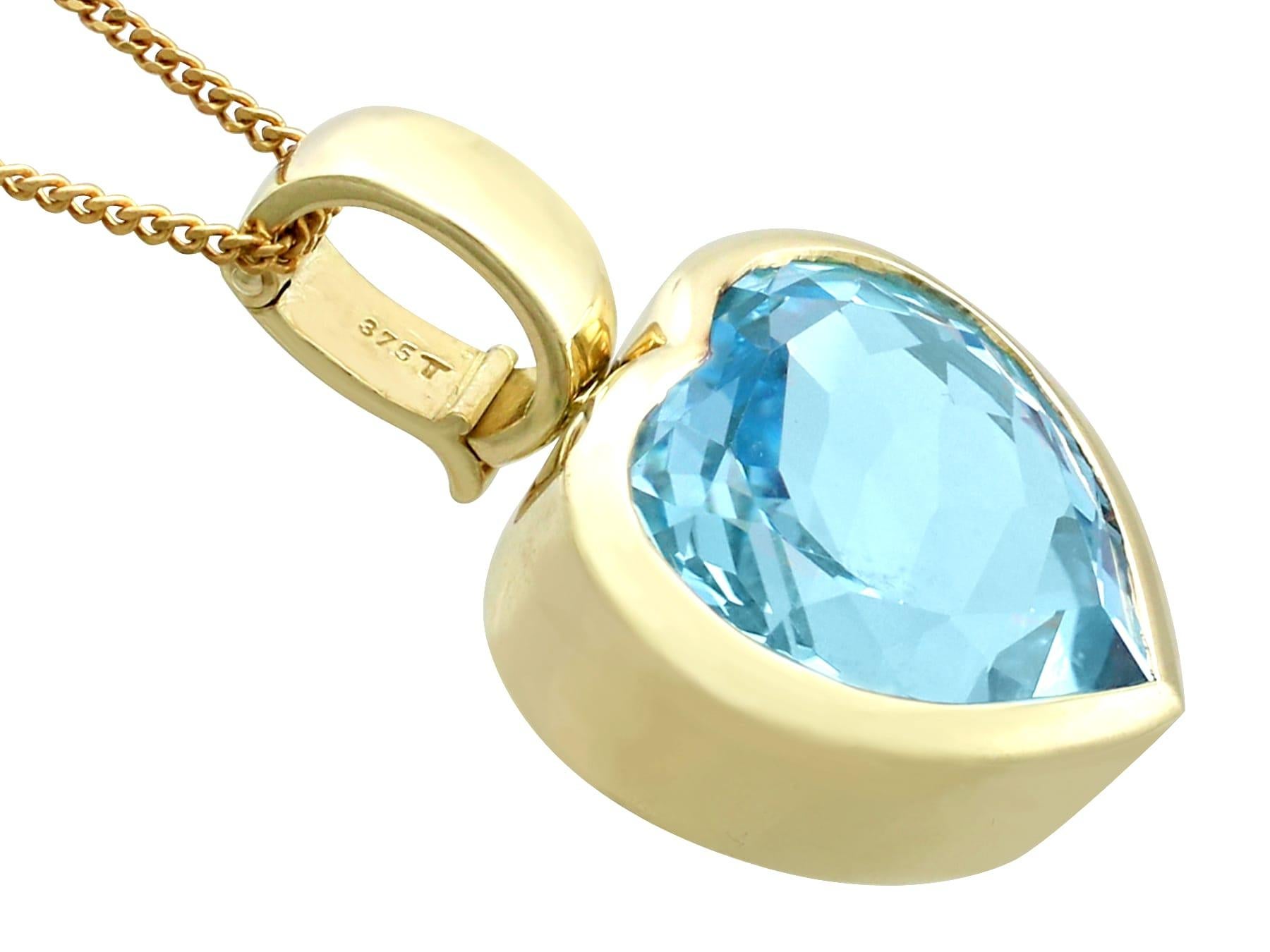 Romantic Vintage 1990s 13.50 Carat Blue Topaz and Yellow Gold Heart Pendant For Sale
