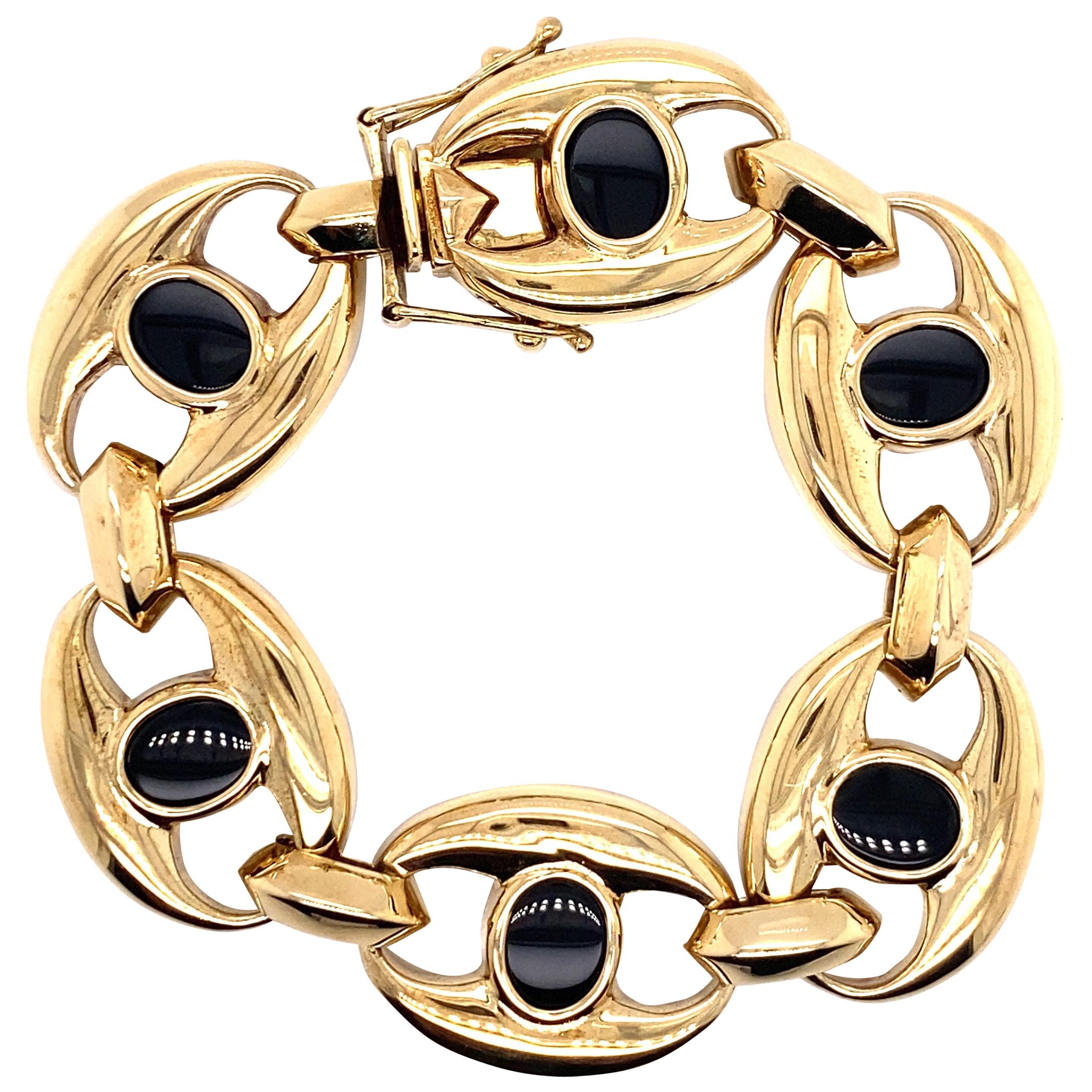 Bracelet vintage des années 1990 en or jaune 14 carats et onyx