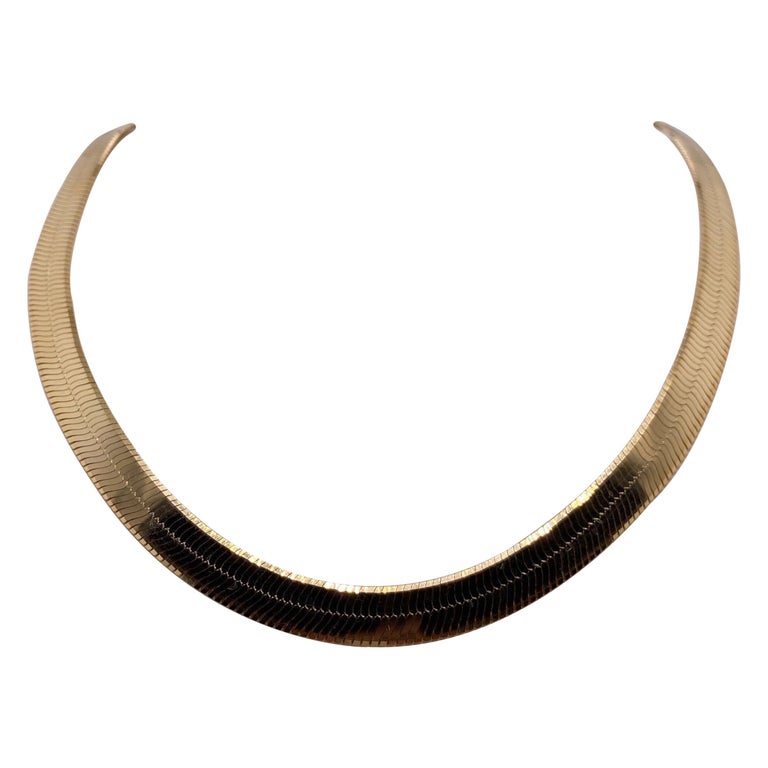 Vintage 1990s 14 Karat Yellow Gold Wide Herringbone Necklace For
