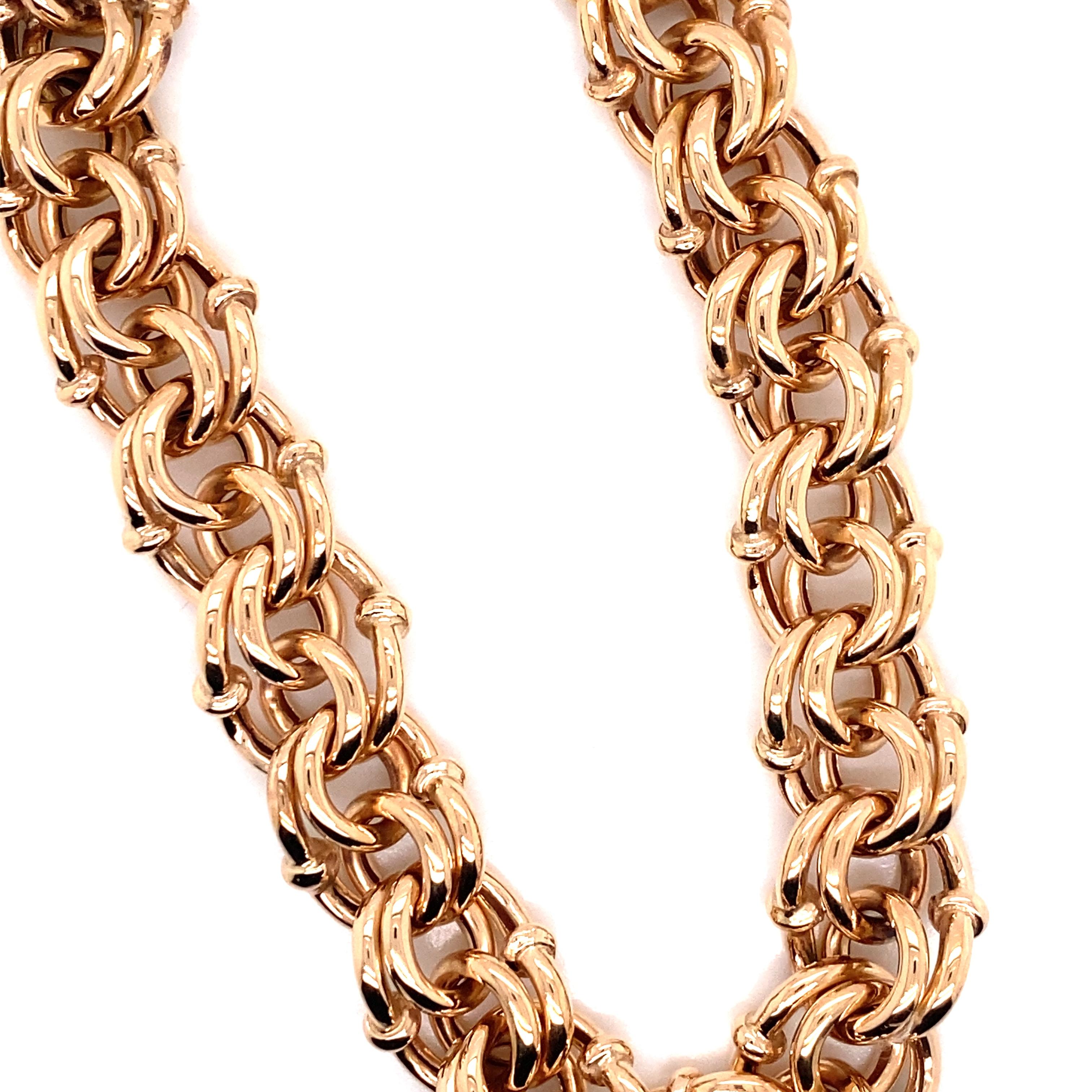 Bracelet à maillons larges à breloques vintage en or rose 14 carats, années 1990 Pour femmes en vente