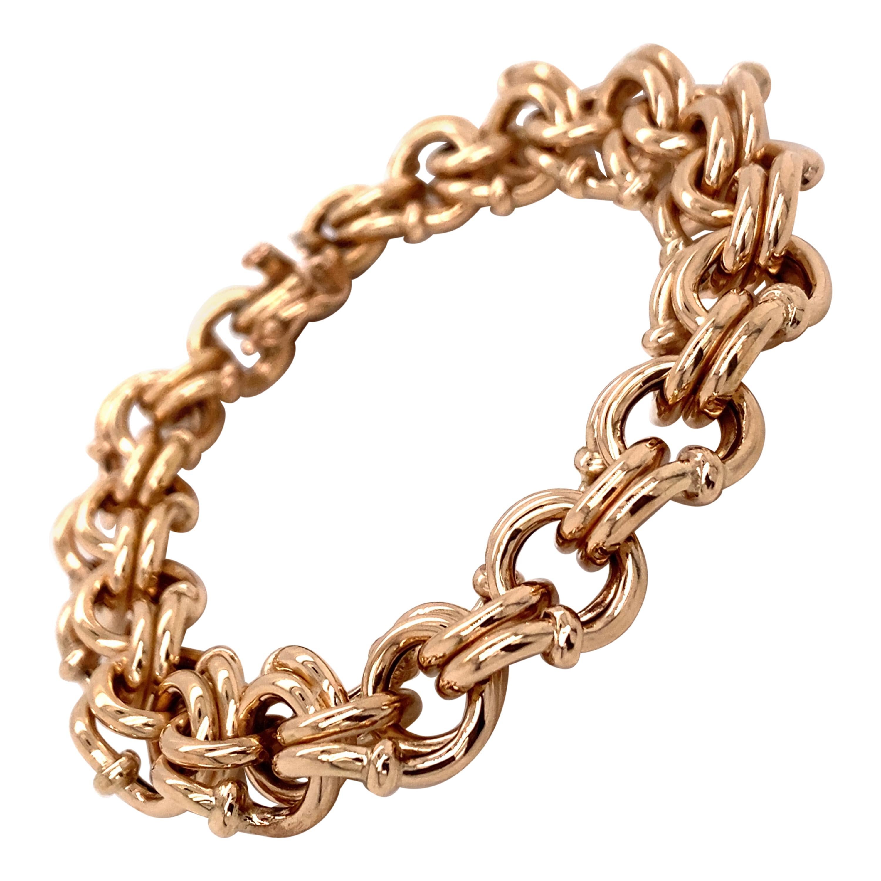 Bracelet à maillons larges à breloques vintage en or rose 14 carats, années 1990