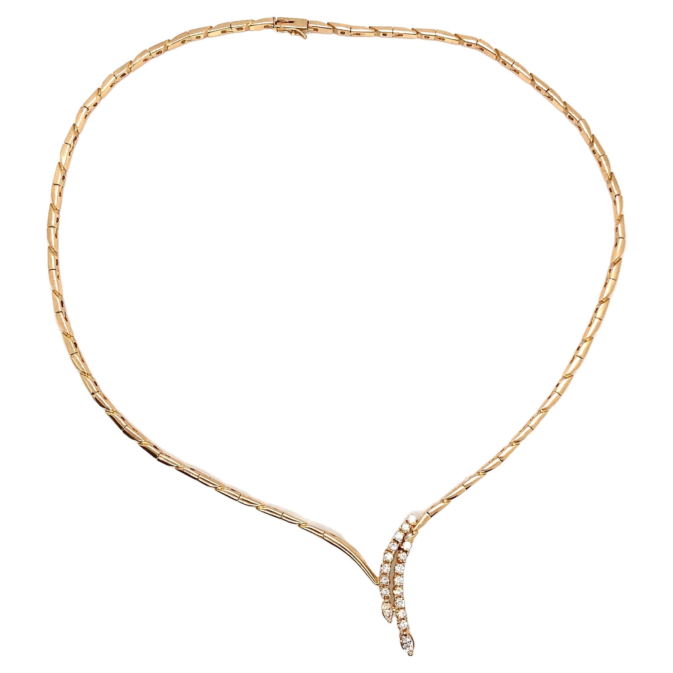 Vintage 1990's 14K Yellow Gold Diamond Waterfall Choker Necklace - The necklace contains 2 rows of flowing round diamonds and marquise diamonds at the end that measures about 1.25