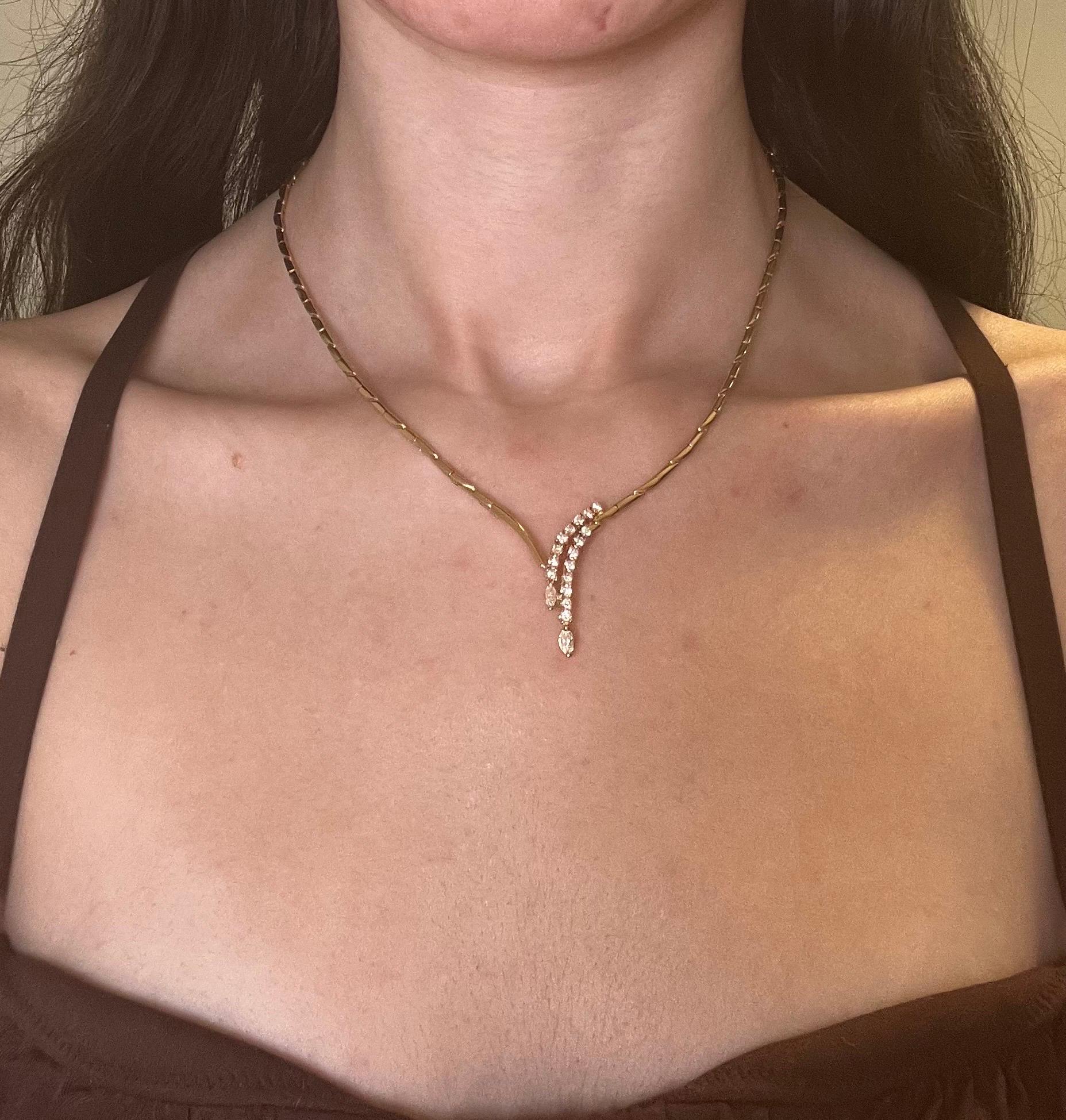 Modern Vintage 1990's 14K Yellow Gold Diamond Waterfall Choker Necklace For Sale