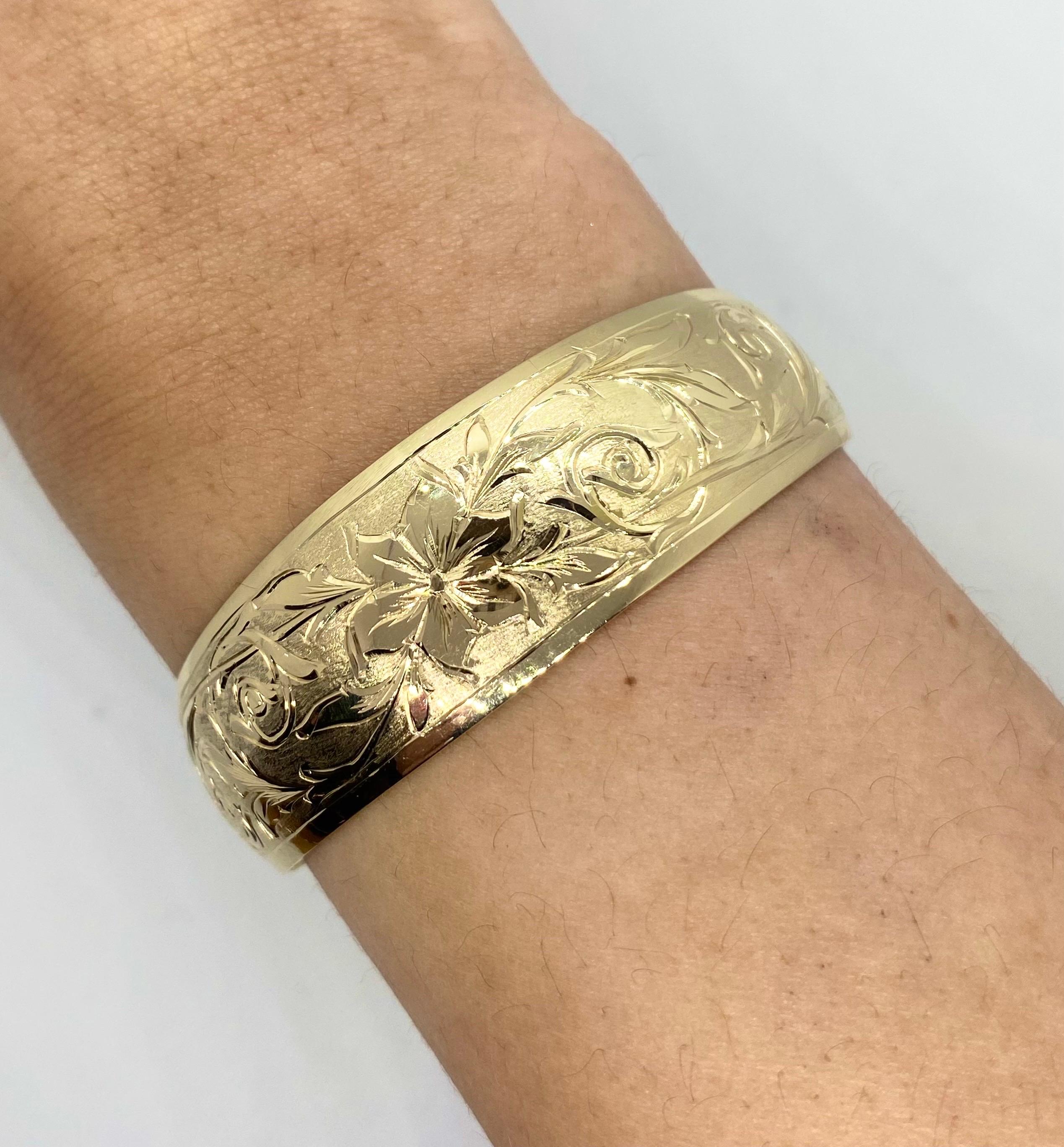 Contemporary Vintage 1990’s 14k Yellow Gold Hand Engraved Wide Cuff Bangle Bracelet For Sale