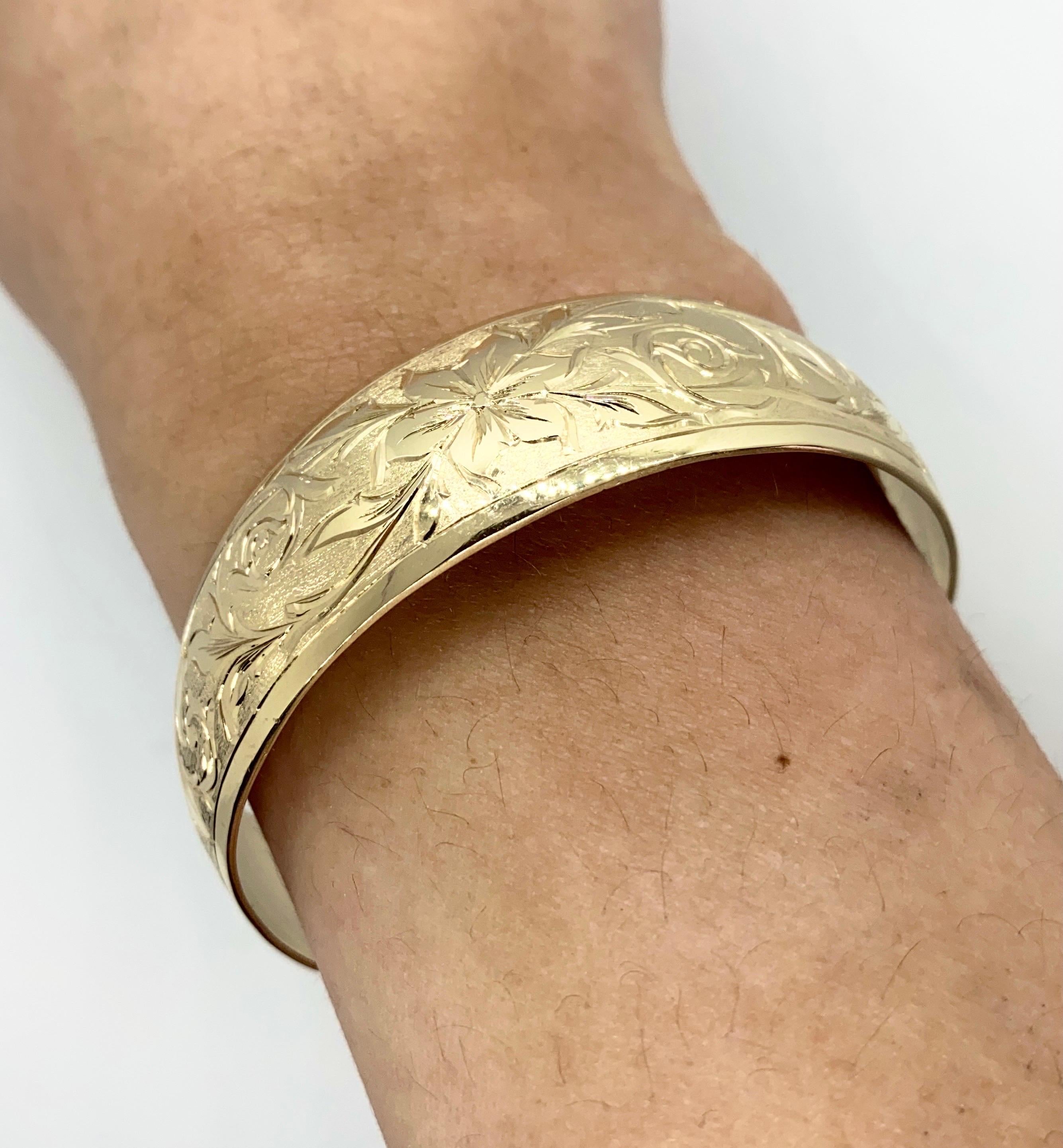 Women's Vintage 1990’s 14k Yellow Gold Hand Engraved Wide Cuff Bangle Bracelet For Sale