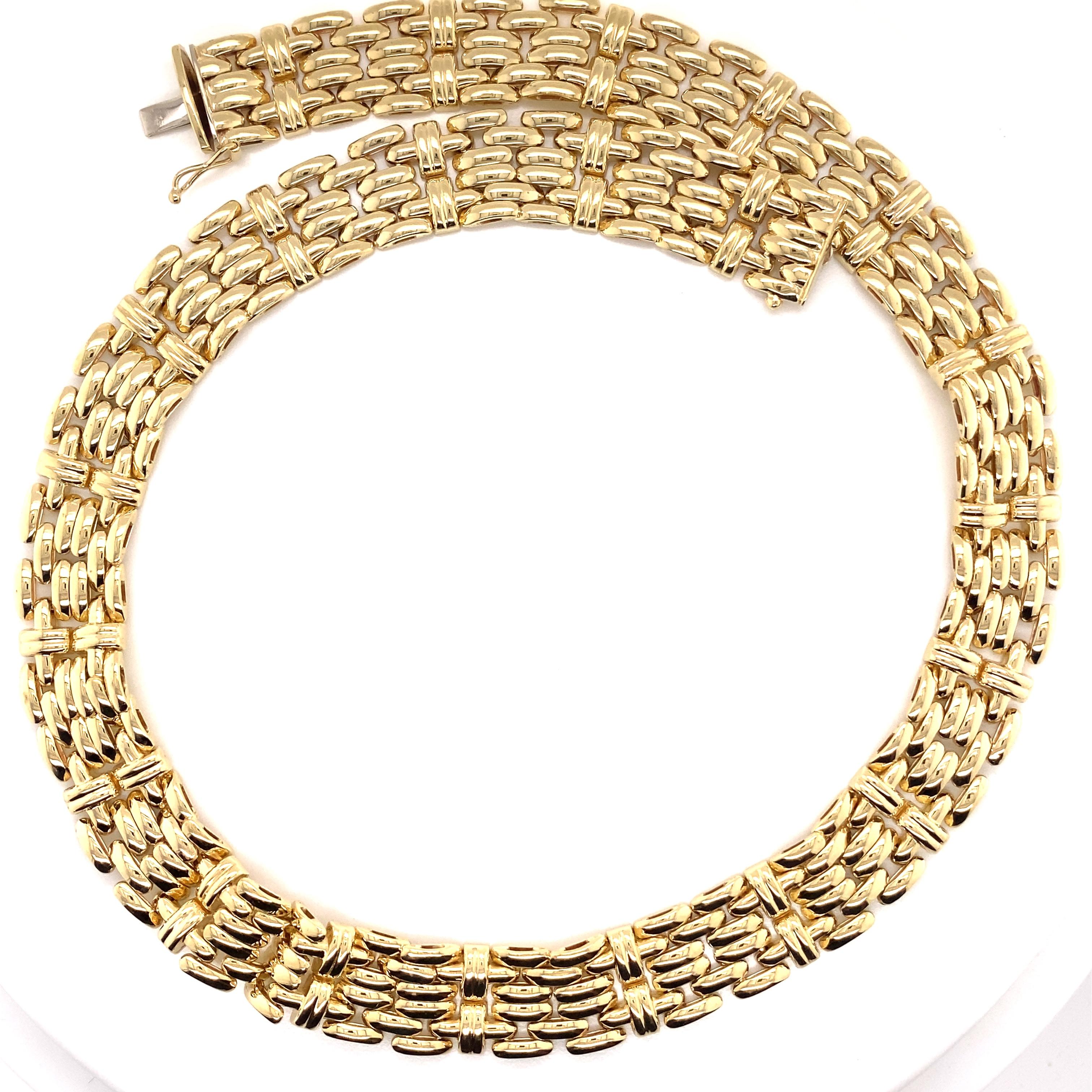 Vintage 1990's 14K Yellow Gold Italian Wide Panther Link Necklace - The Italian made necklace is 12.6mm wide and 16 inches long and features a hidden plunger clasp with a figure 8 safety. The necklace weighs 49.4 grams.