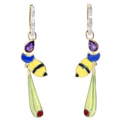 Vintage 1990s 18 Carat Enamelled Hornet Drops & 9 Carat Diamond Hoops