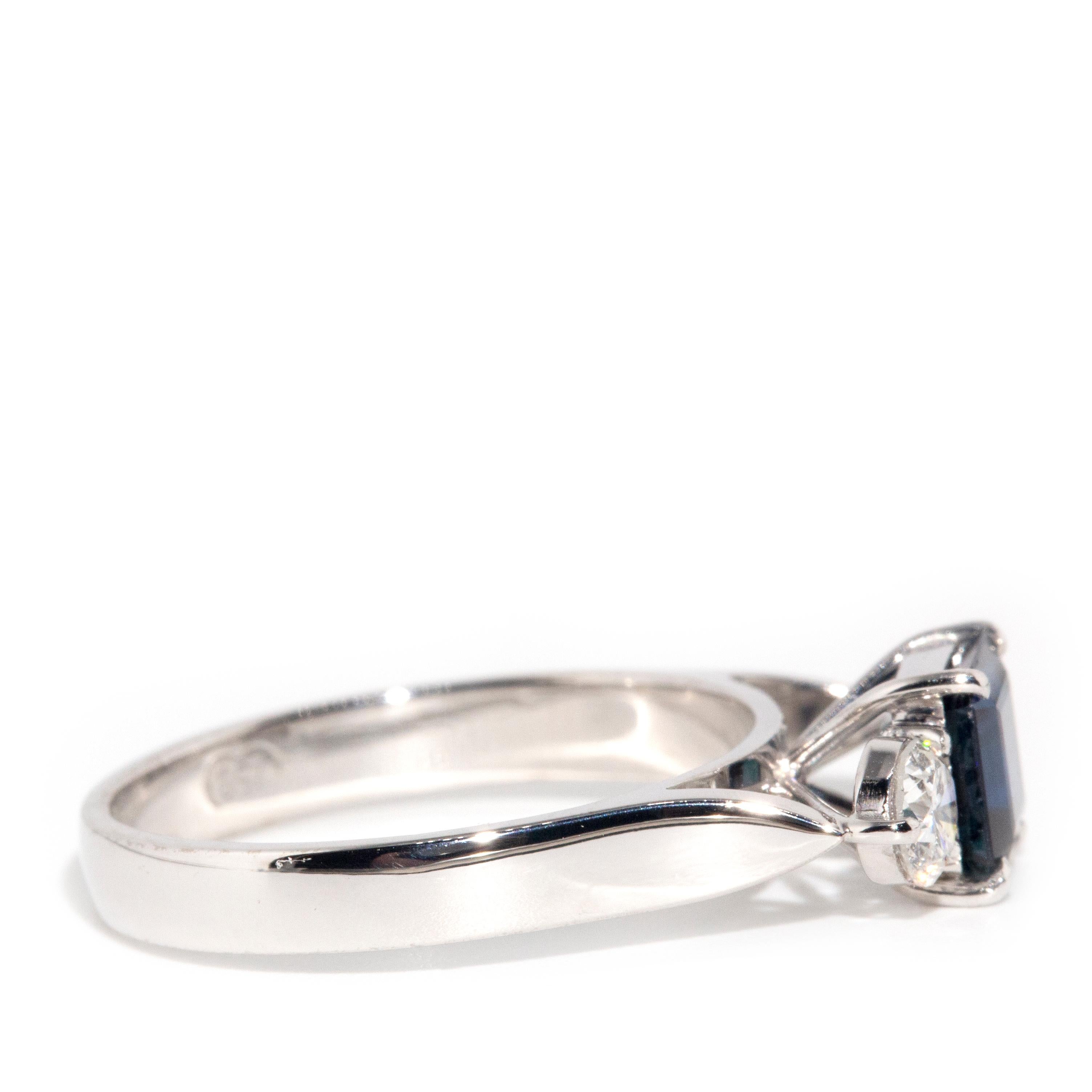 Emerald Cut Vintage 1990s 18 Carat White Gold Strong Blue Sapphire & Diamond Trilogy Ring