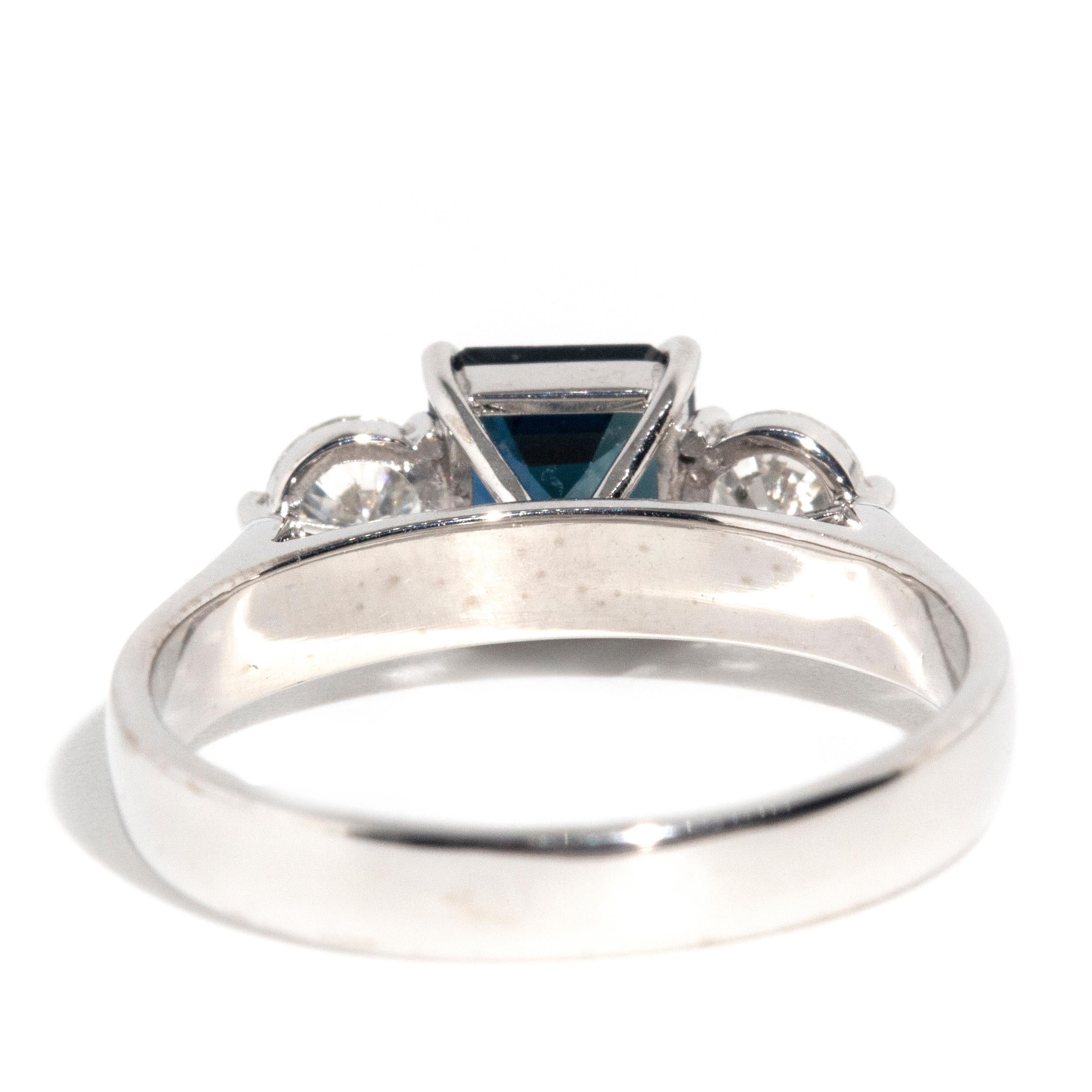 Women's Vintage 1990s 18 Carat White Gold Strong Blue Sapphire & Diamond Trilogy Ring