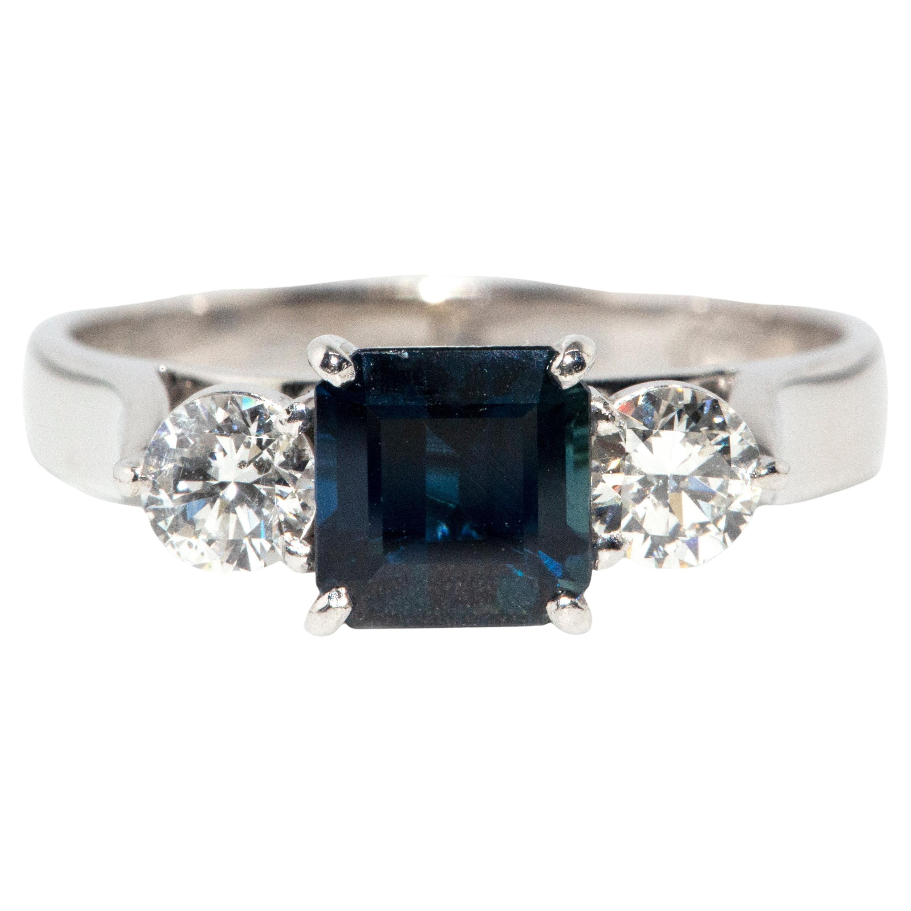Vintage 1990s 18 Carat White Gold Strong Blue Sapphire & Diamond Trilogy Ring