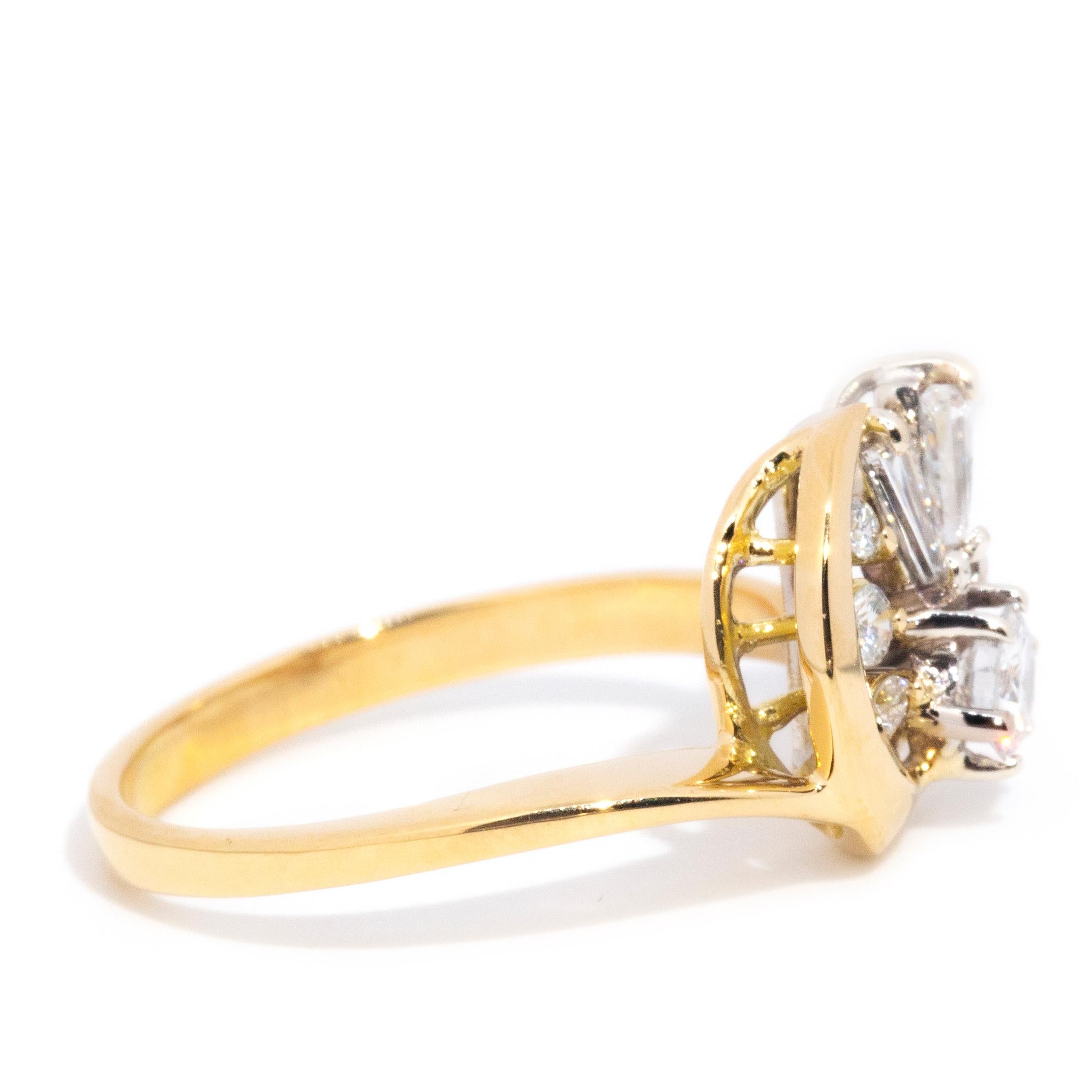 Vintage 1990s 18 Carat Yellow Gold Crescent Moon Fanned Diamond Cluster ...