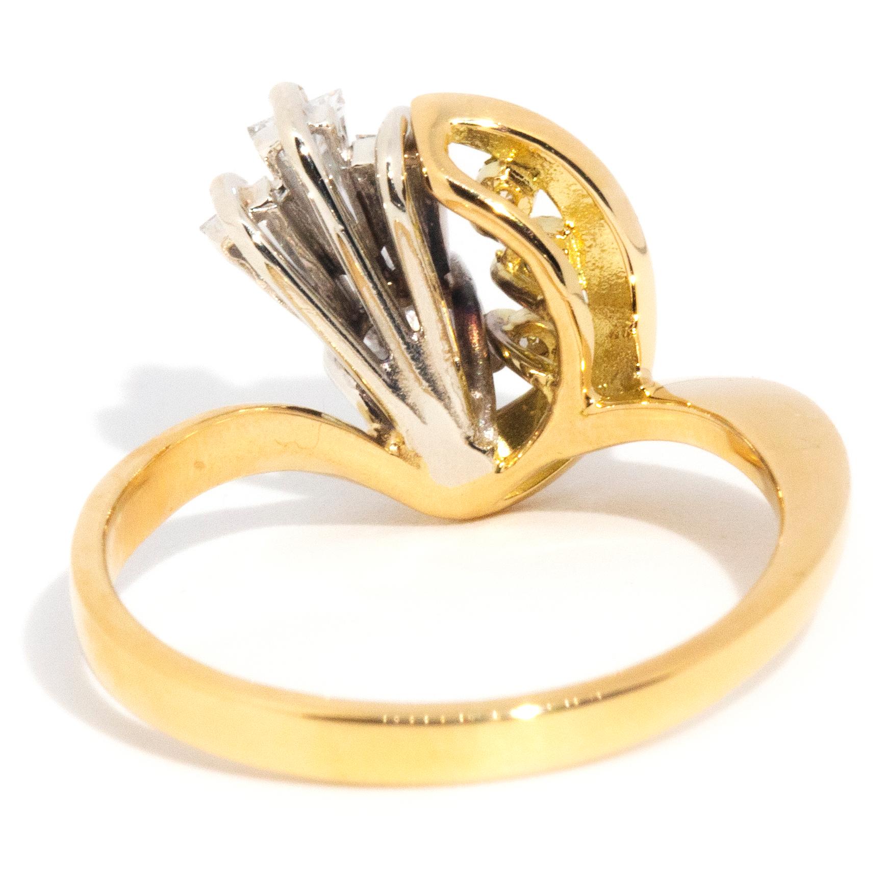 Vintage 1990s 18 Carat Yellow Gold Crescent Moon Fanned Diamond Cluster ...
