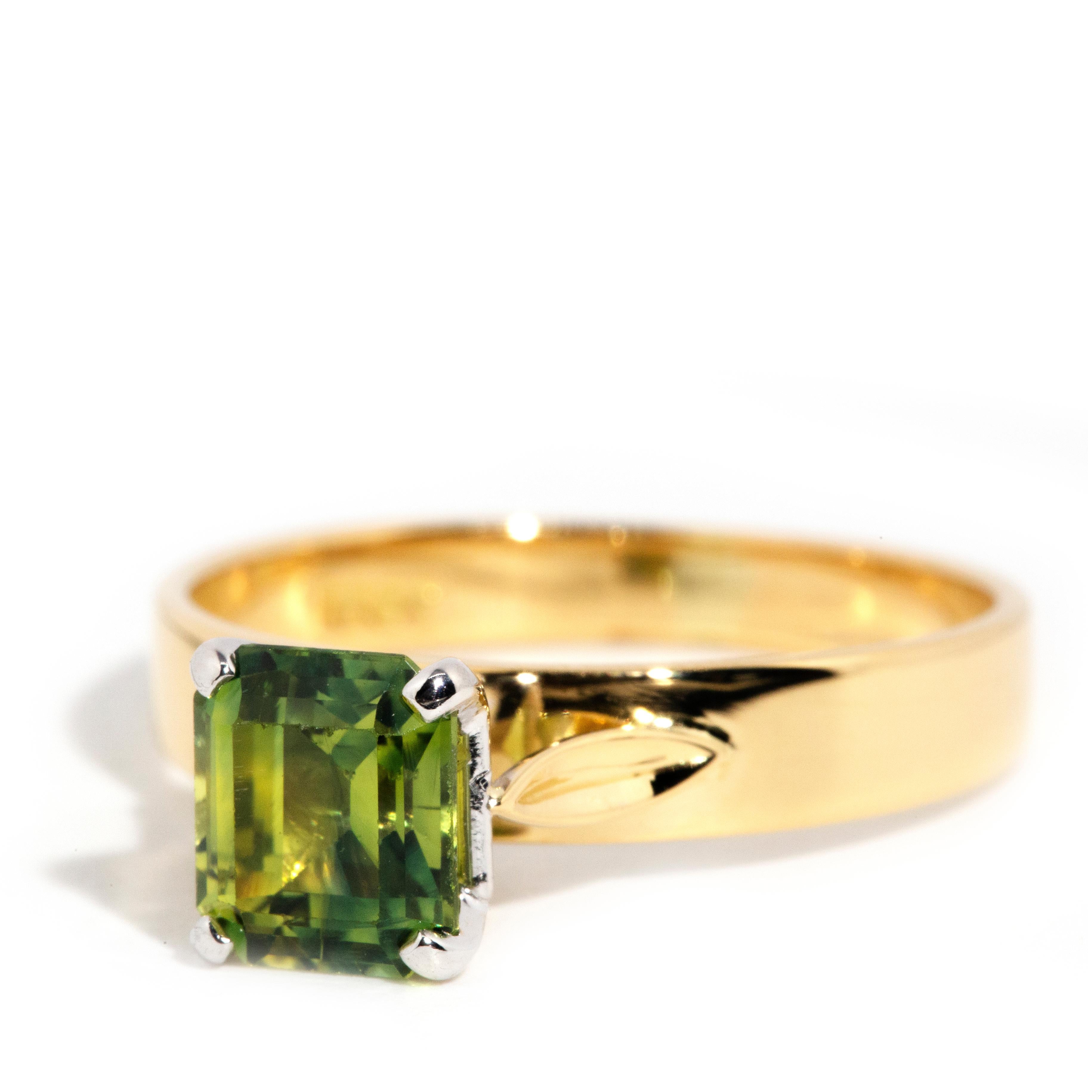 Modern Vintage 1990s 18 Carat Yellow Gold Emerald Cut Parti Sapphire Solitaire Ring2