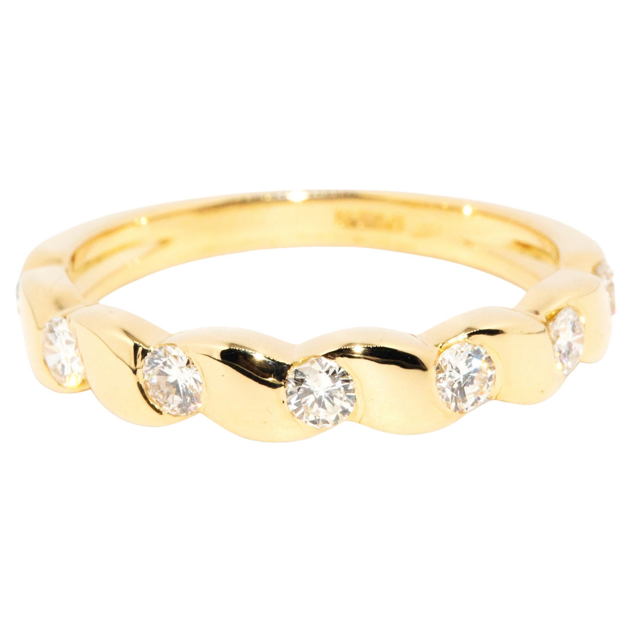 Vintage 1990s 18 Carat Yellow Gold Wave Style Bar Set Diamond Eternity Band For Sale