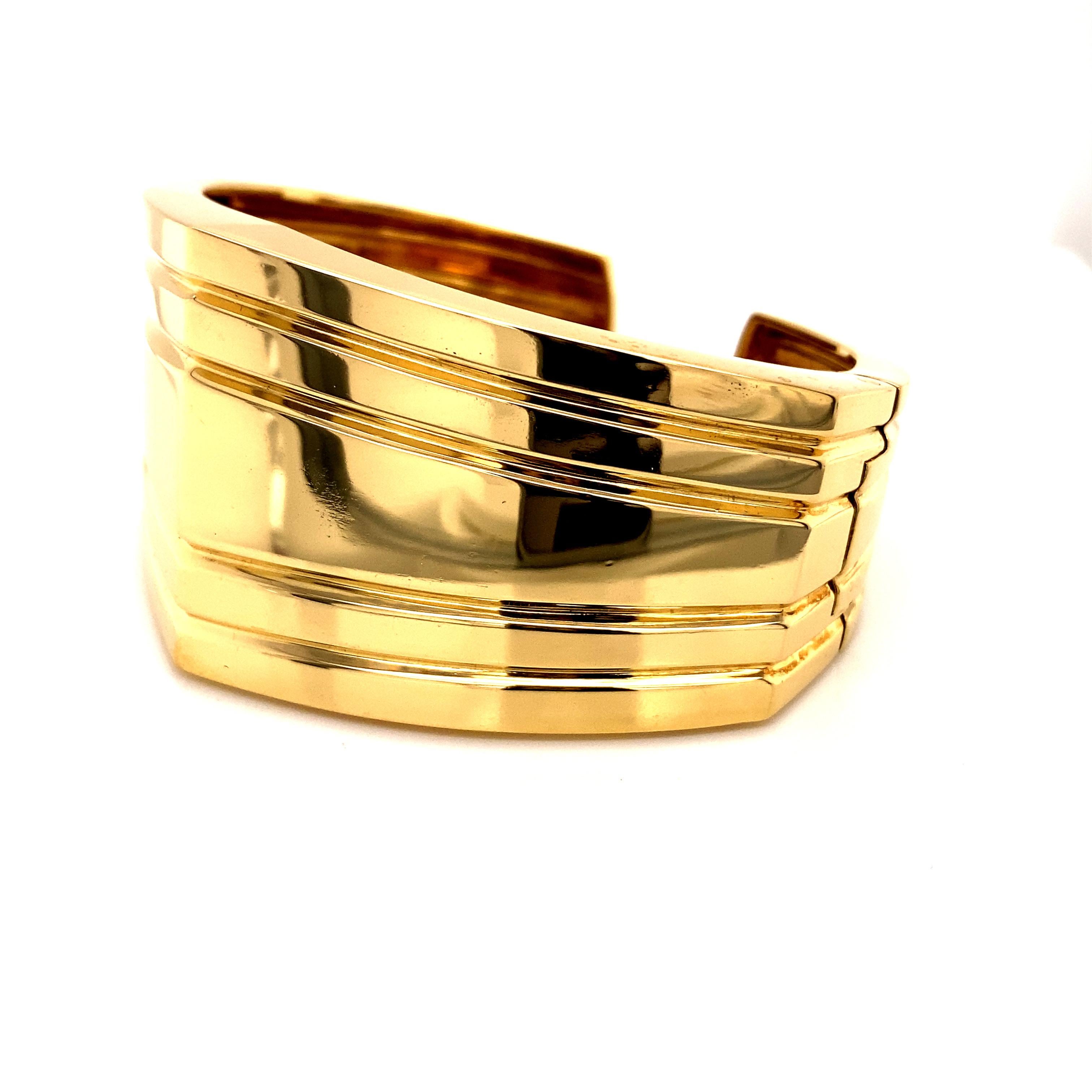 Contemporary Vintage 1990’s 18k Yellow Gold Wide Angular Cuff Bangle For Sale
