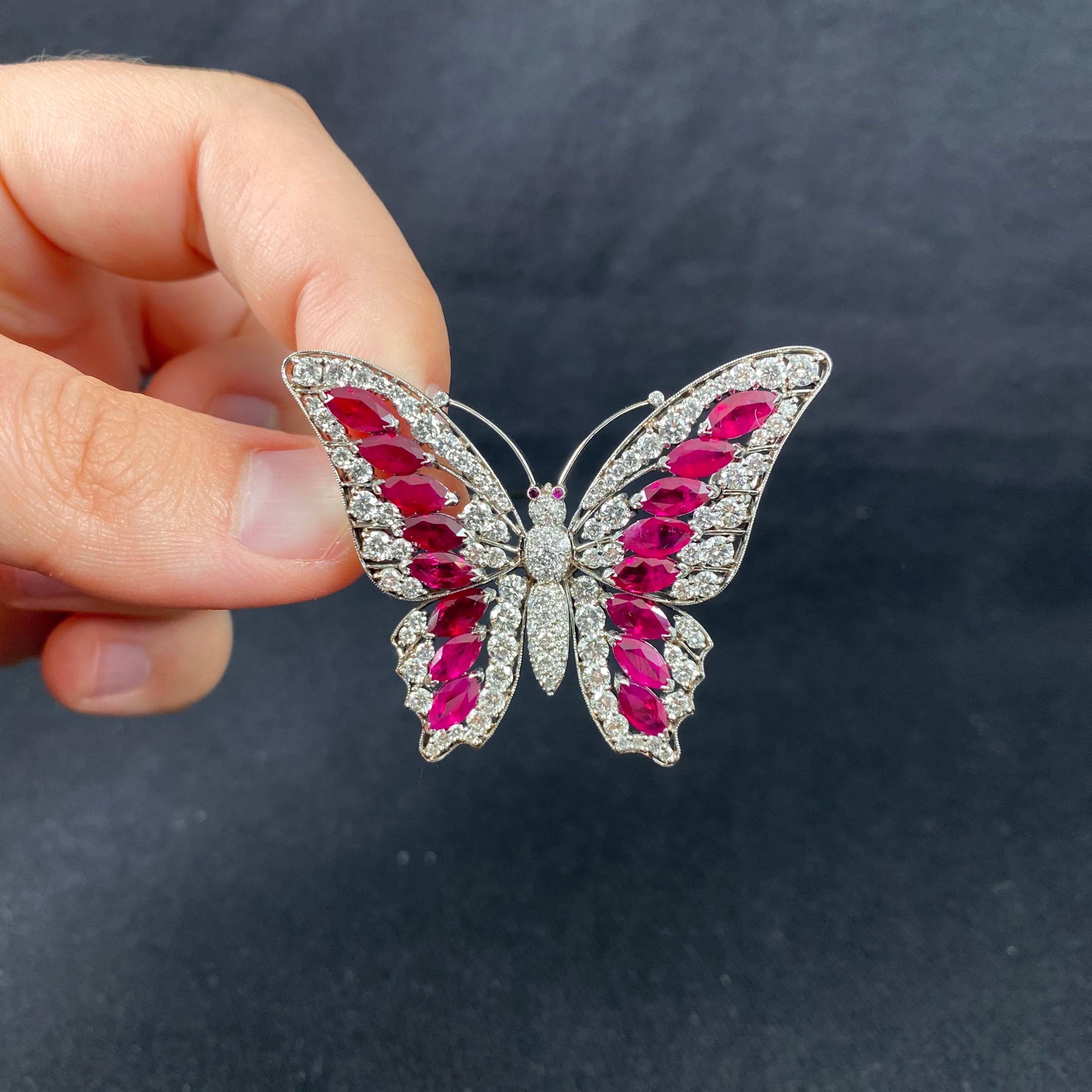 Vintage 1990s 6.7 Carat Burmese Ruby 4.0 Carat Diamond Butterfly Brooch Platinum For Sale 5