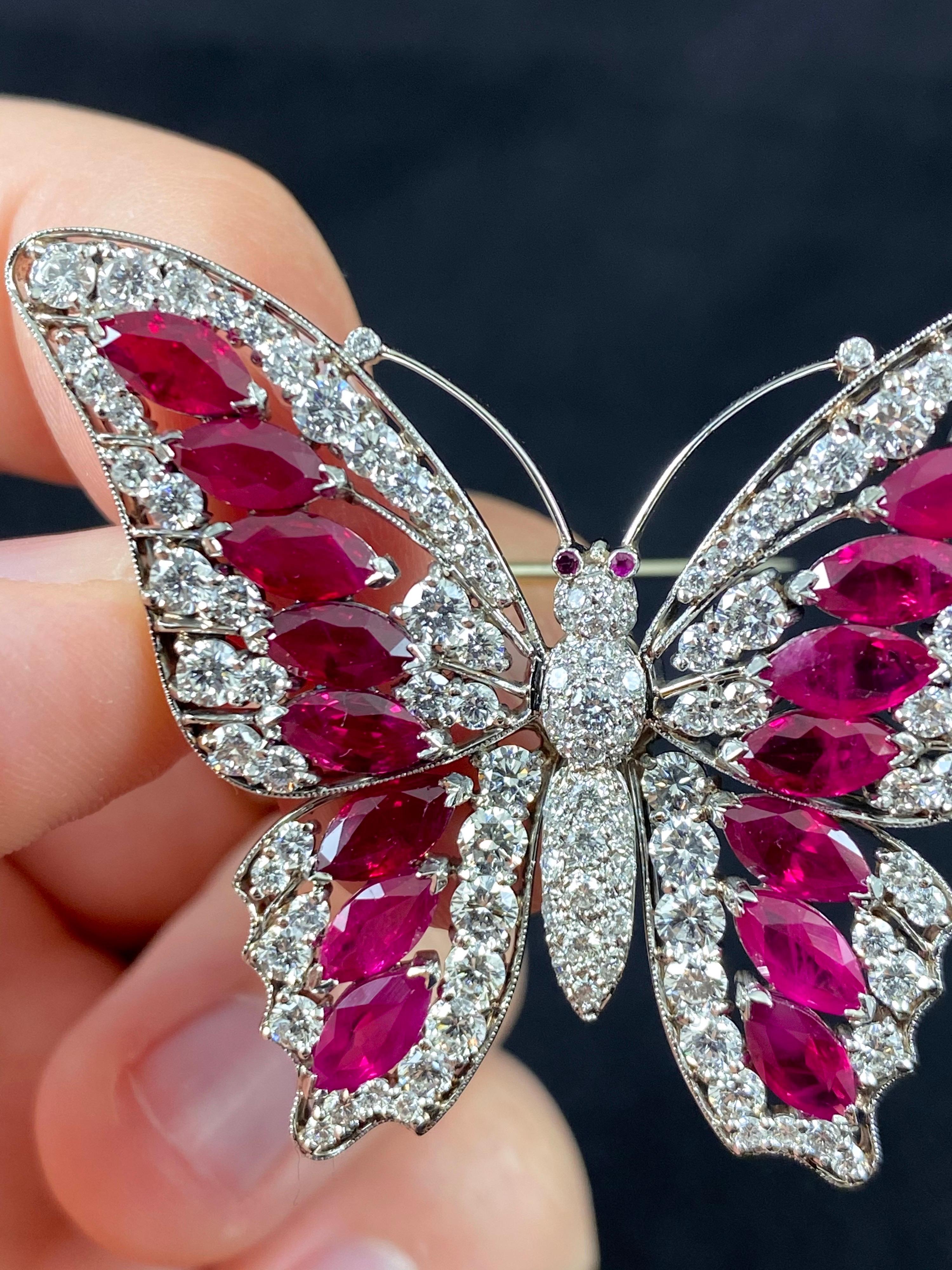 Vintage 1990s 6.7 Carat Burmese Ruby 4.0 Carat Diamond Butterfly Brooch Platinum For Sale 7