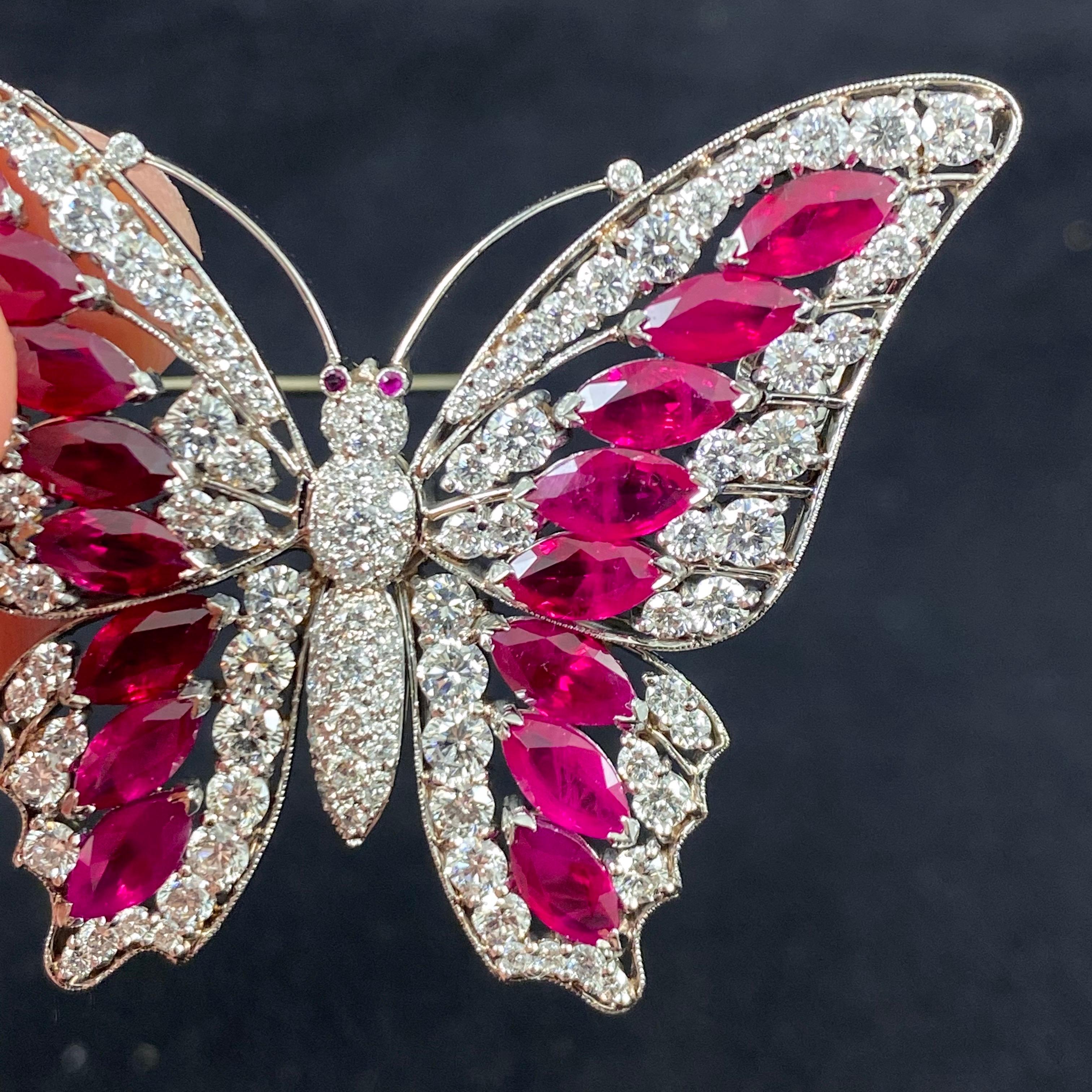 Vintage 1990s 6.7 Carat Burmese Ruby 4.0 Carat Diamond Butterfly Brooch Platinum For Sale 8