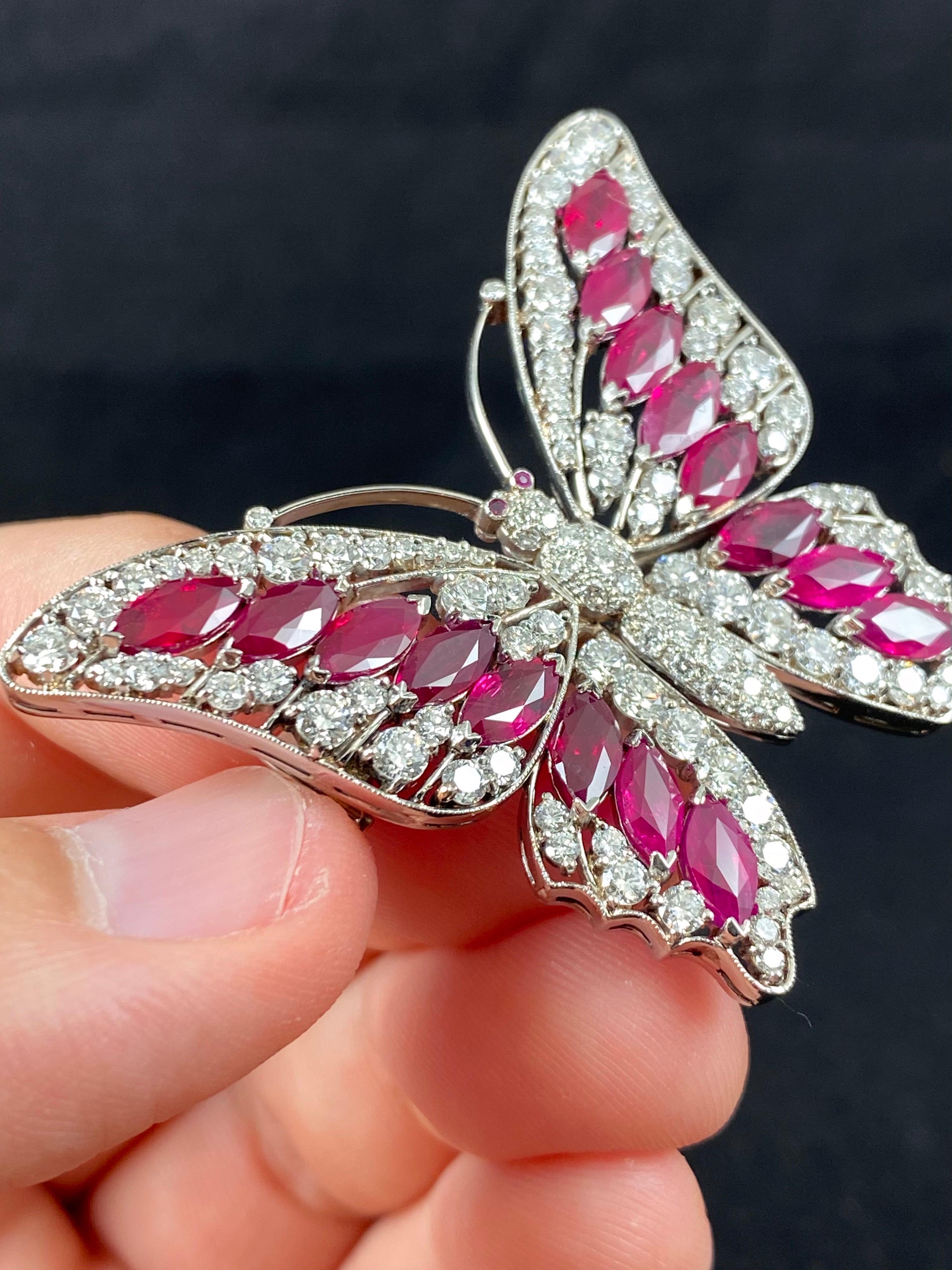 Vintage 1990s 6.7 Carat Burmese Ruby 4.0 Carat Diamond Butterfly Brooch Platinum For Sale 9