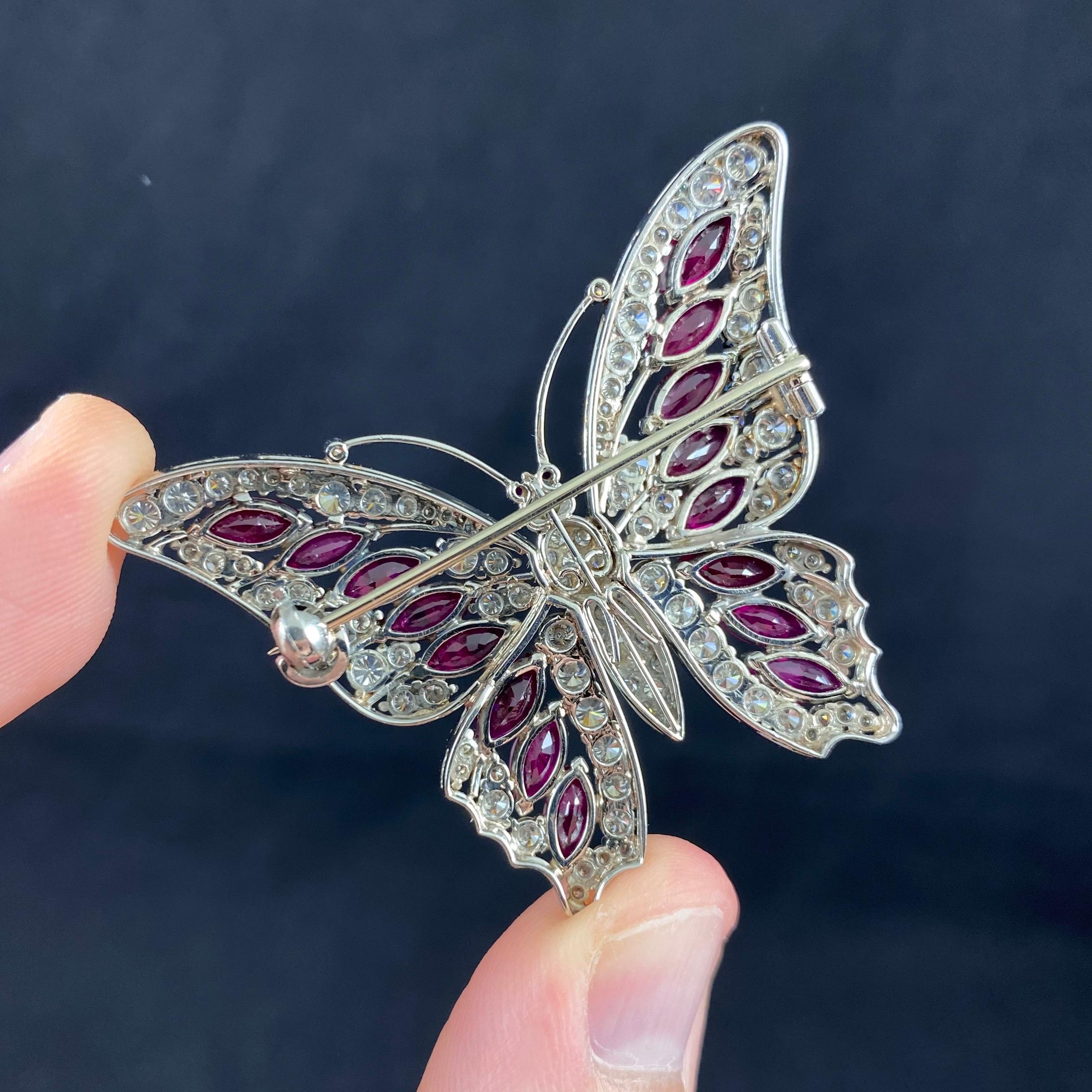 Vintage 1990s 6.7 Carat Burmese Ruby 4.0 Carat Diamond Butterfly Brooch Platinum For Sale 10