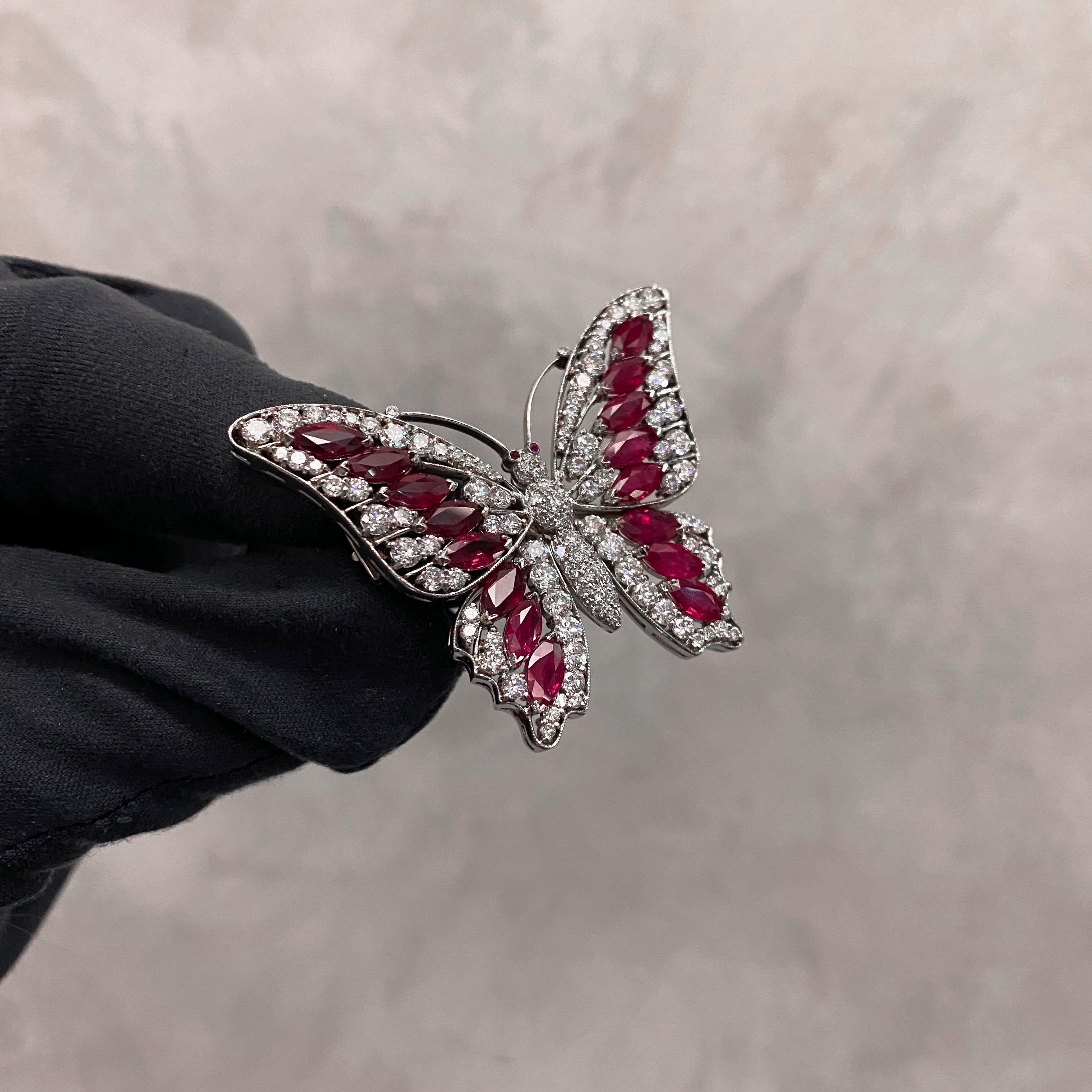 Vintage 1990s 6.7 Carat Burmese Ruby 4.0 Carat Diamond Butterfly Brooch Platinum For Sale 11