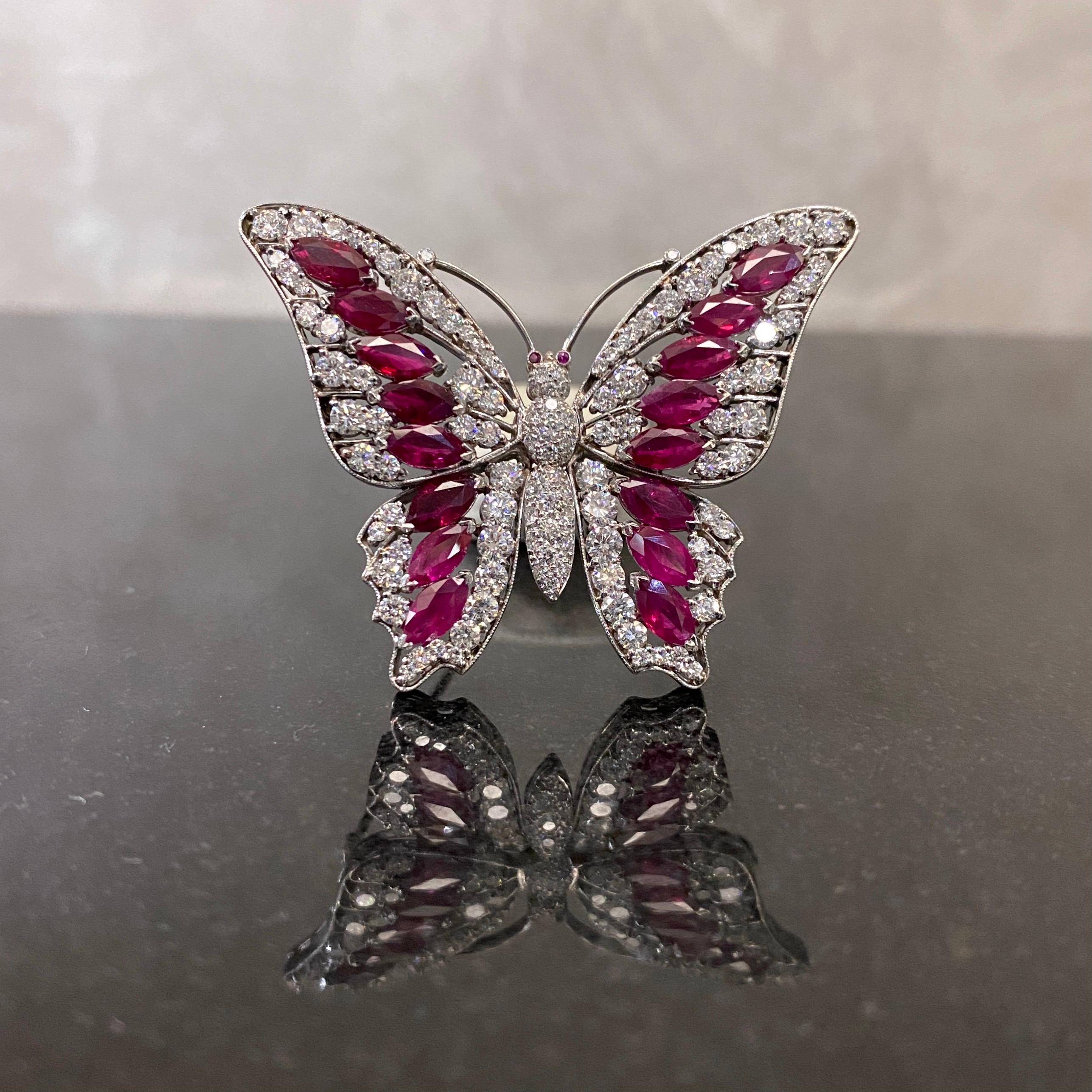 Modern Vintage 1990s 6.7 Carat Burmese Ruby 4.0 Carat Diamond Butterfly Brooch Platinum For Sale