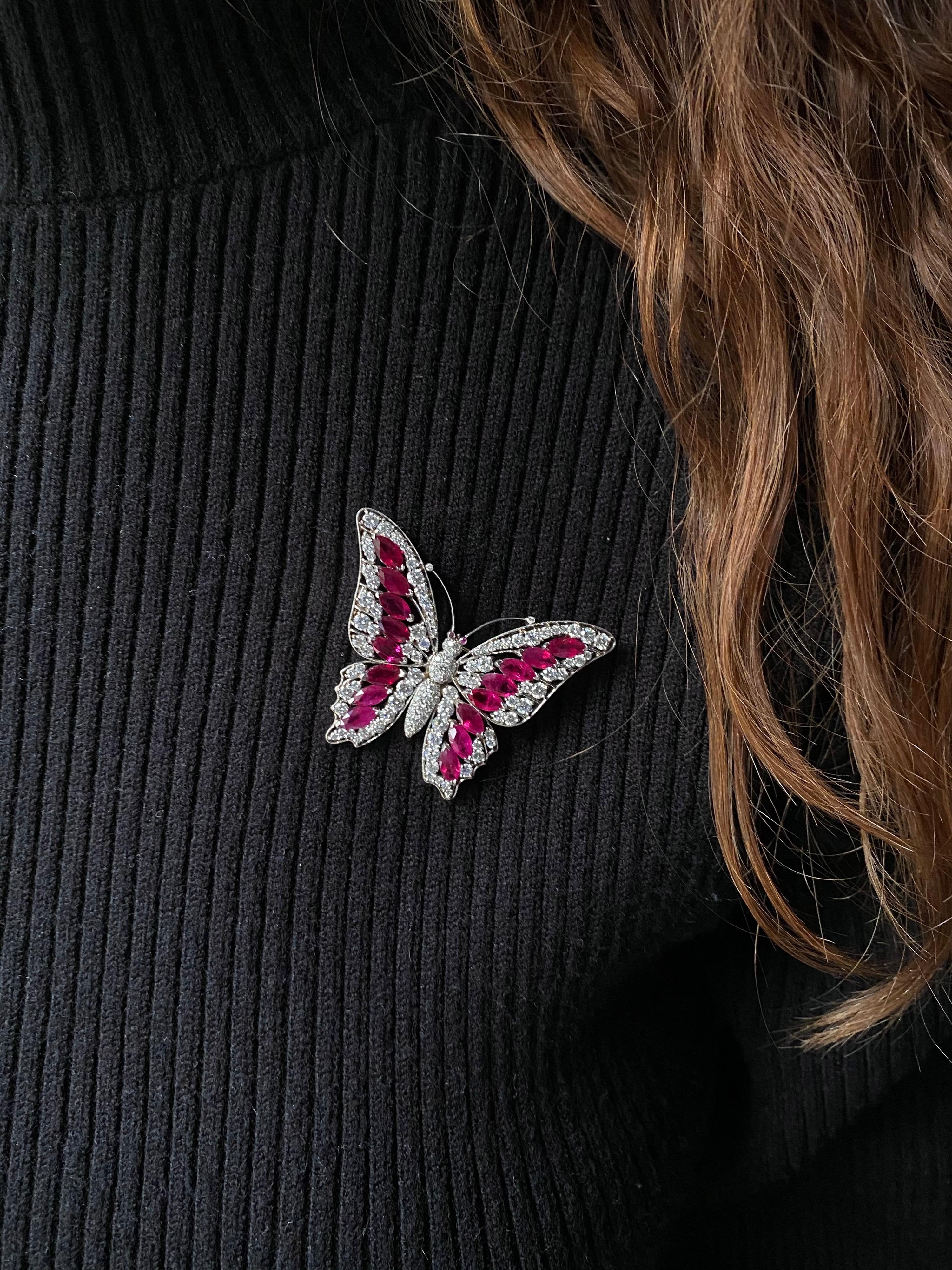 Marquise Cut Vintage 1990s 6.7 Carat Burmese Ruby 4.0 Carat Diamond Butterfly Brooch Platinum For Sale