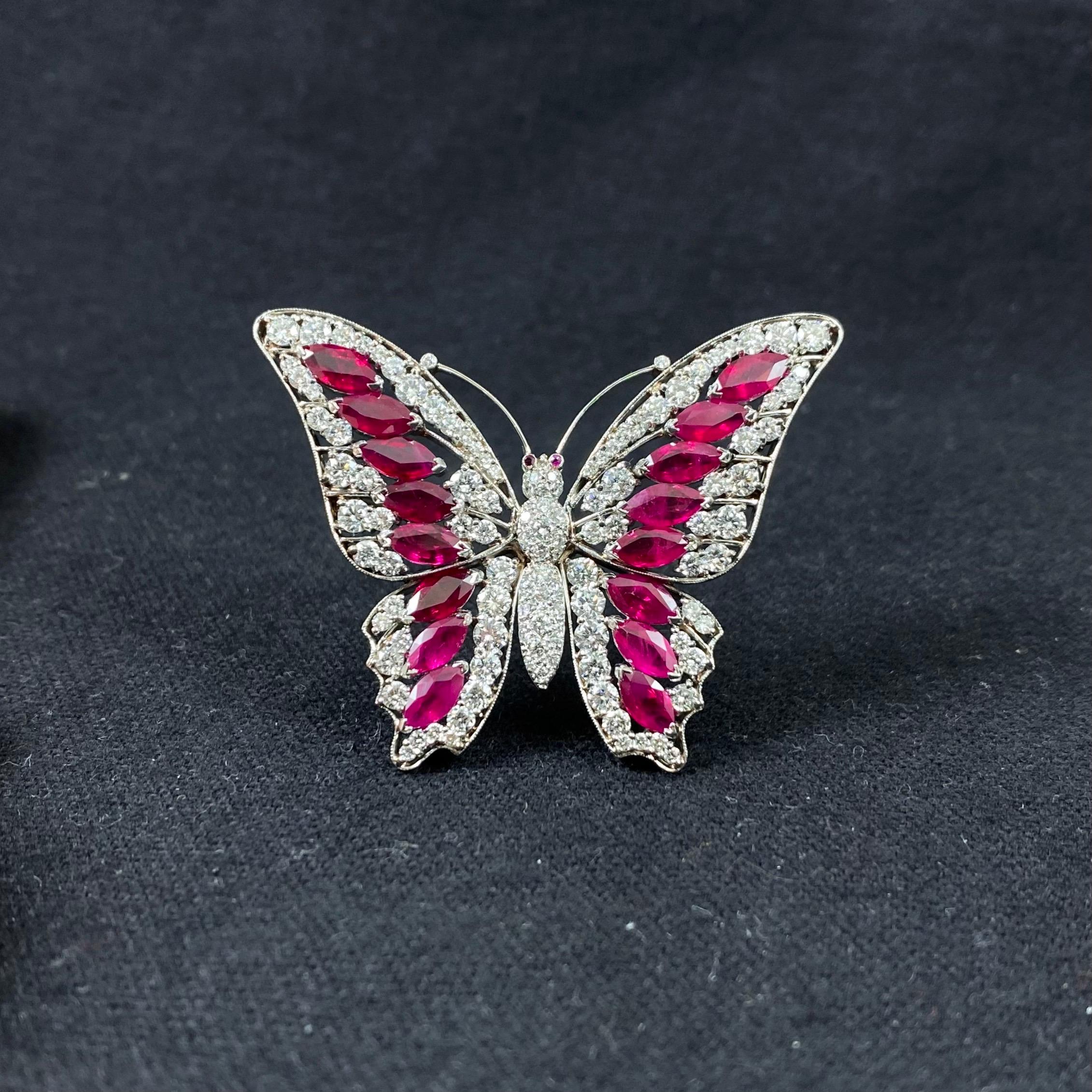 Vintage 1990s 6.7 Carat Burmese Ruby 4.0 Carat Diamond Butterfly Brooch Platinum For Sale 3