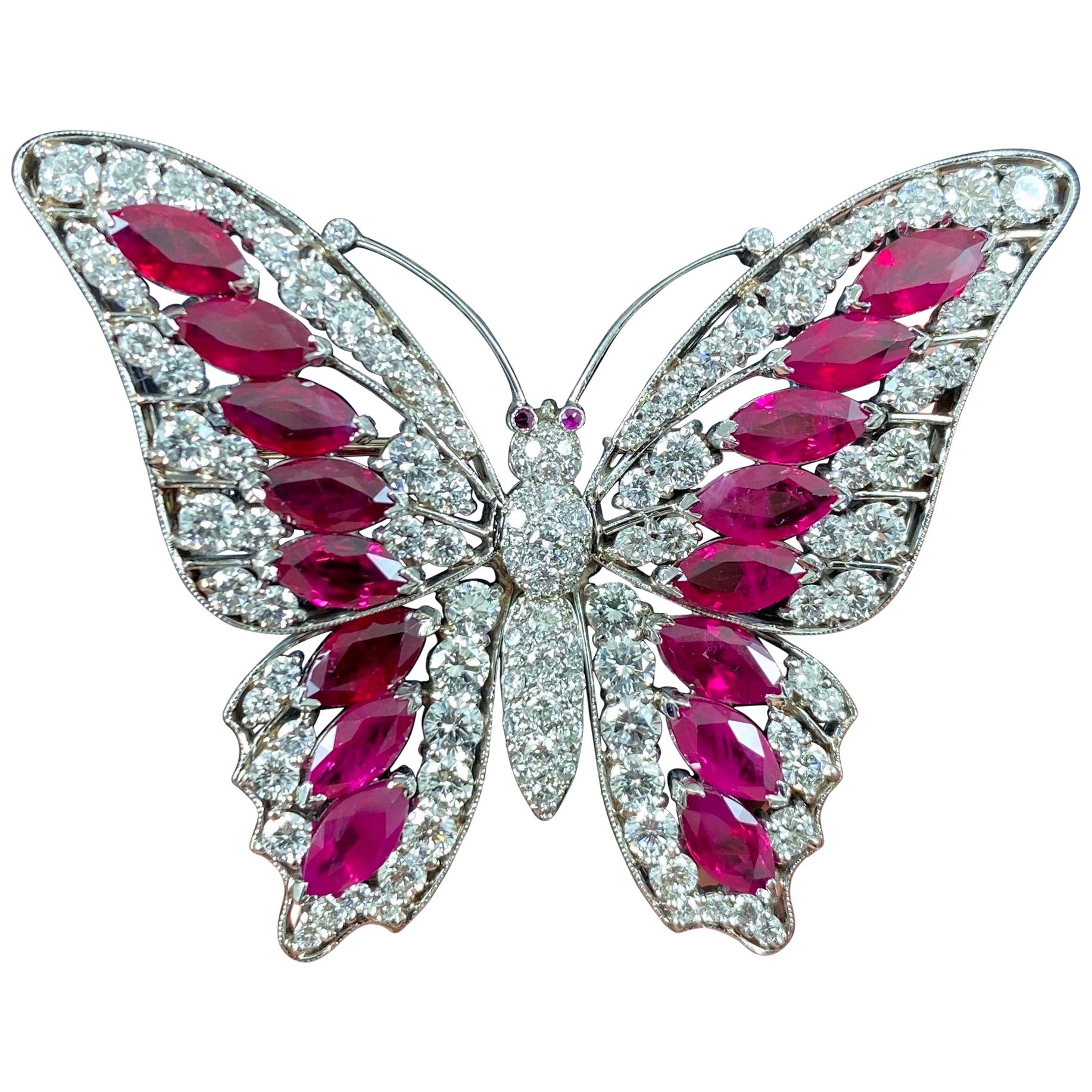 Vintage 1990s 6.7 Carat Burmese Ruby 4.0 Carat Diamond Butterfly Brooch Platinum For Sale