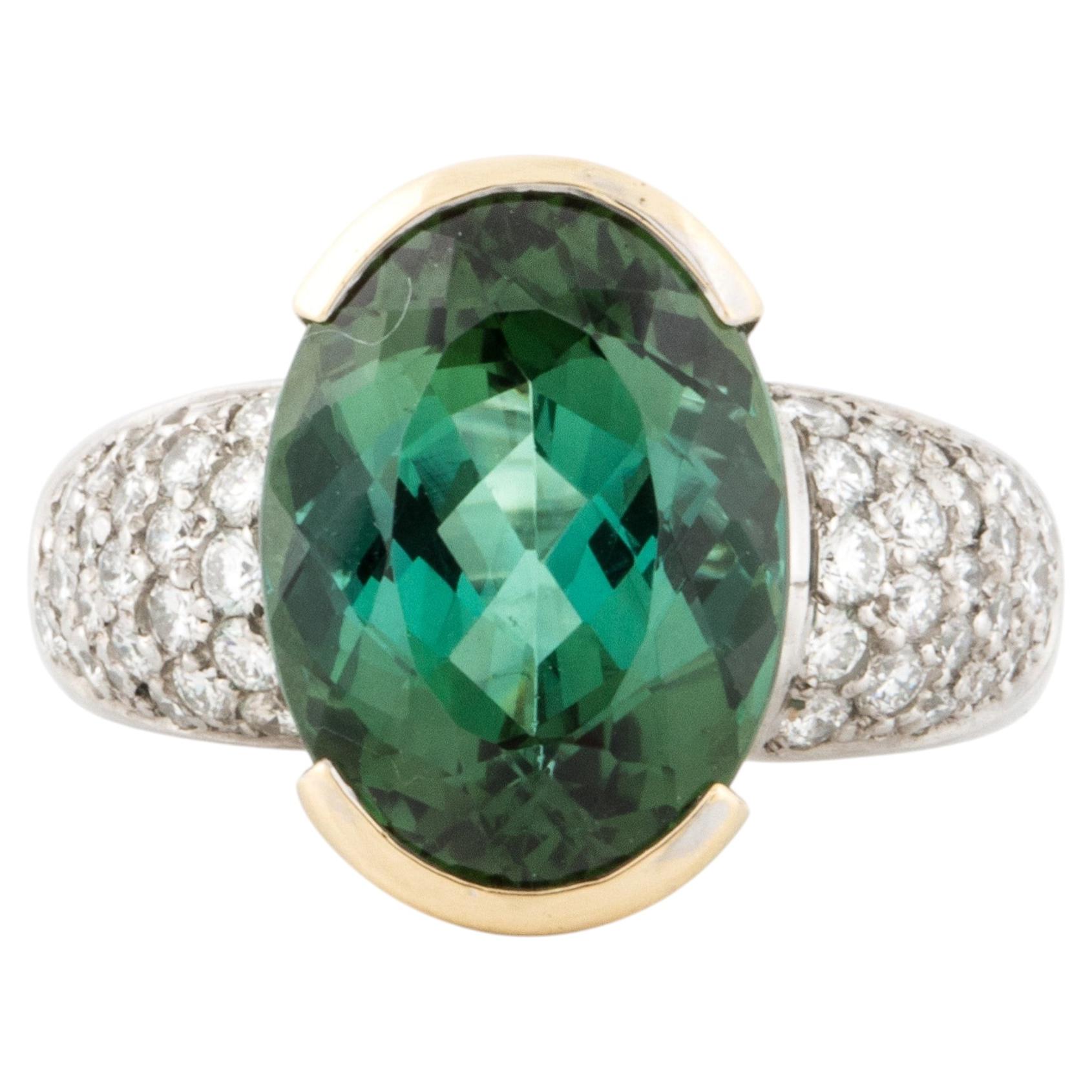 Vintage 1990s 7.10 Carat Green Tourmaline Ring with Diamonds in Platinum