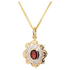 Vintage 1990s 9 Carat Gold Yellow Diamond and Garnet Pendant and 18 Carat Chain