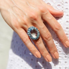 Vintage 1990s 9 Carat Rose Gold Oval Cut Light Blue Topaz Cocktail Cluster Ring