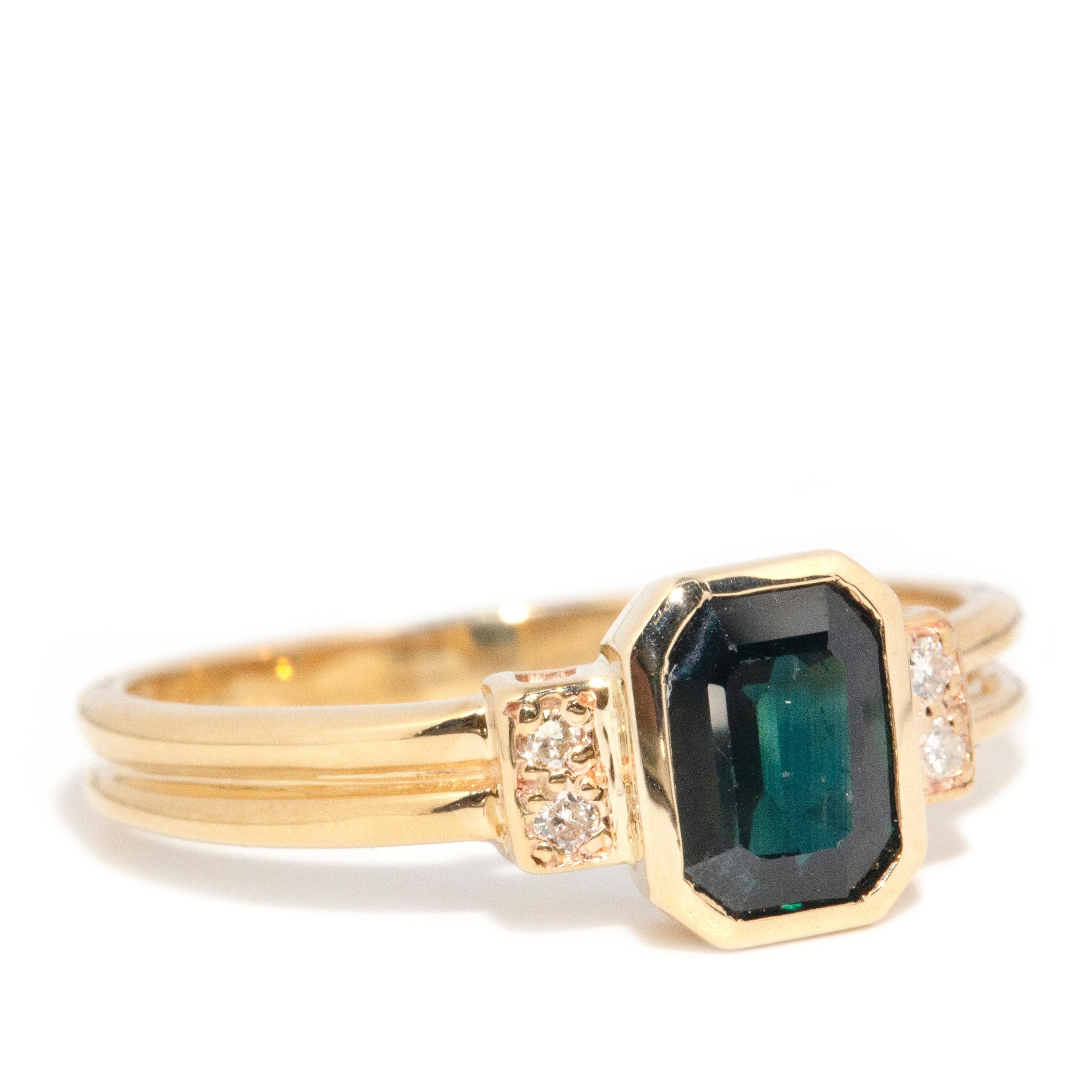 Modern Vintage 1990s 9 Carat Yellow Gold Emerald Cut Teal Sapphire and Diamond Ring
