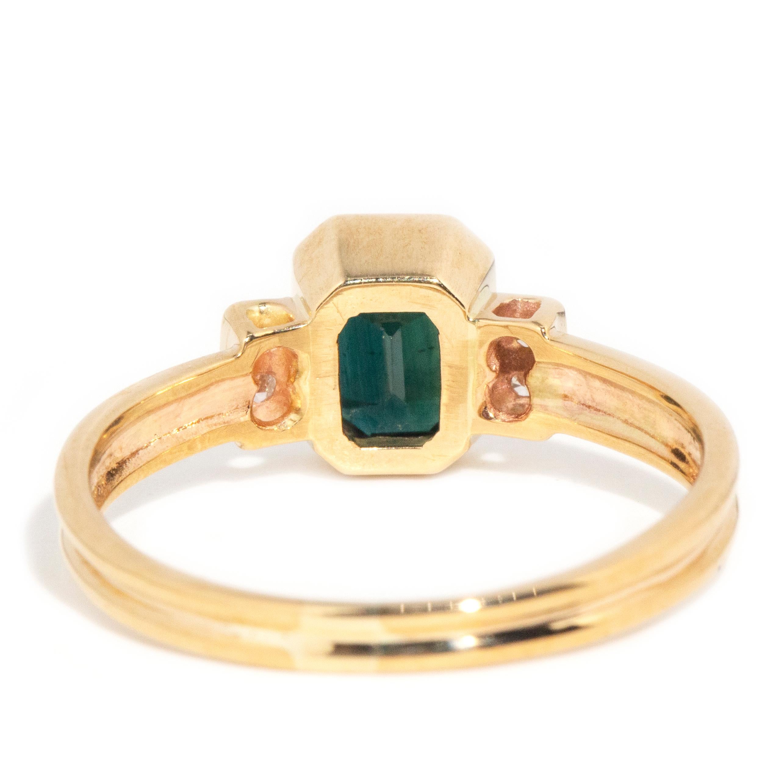 Vintage 1990s 9 Carat Yellow Gold Emerald Cut Teal Sapphire and Diamond Ring 2