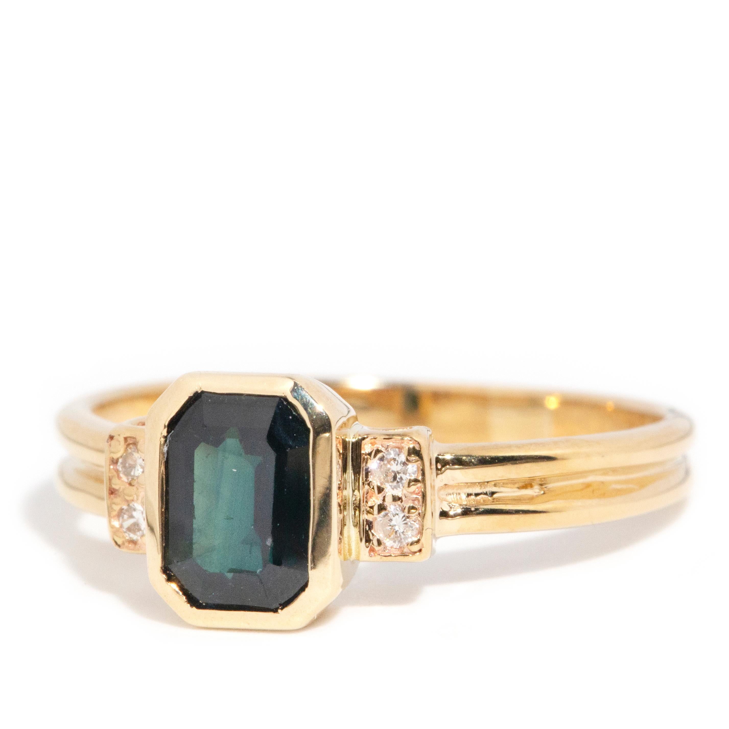 Vintage 1990s 9 Carat Yellow Gold Emerald Cut Teal Sapphire and Diamond Ring 4