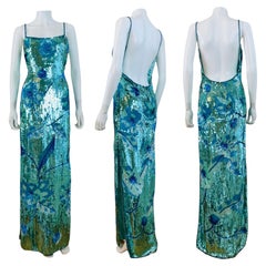 Vintage 1990s 90s Incredible Turquoise Blue Beaded + Sequin Dress Gown Flowers
