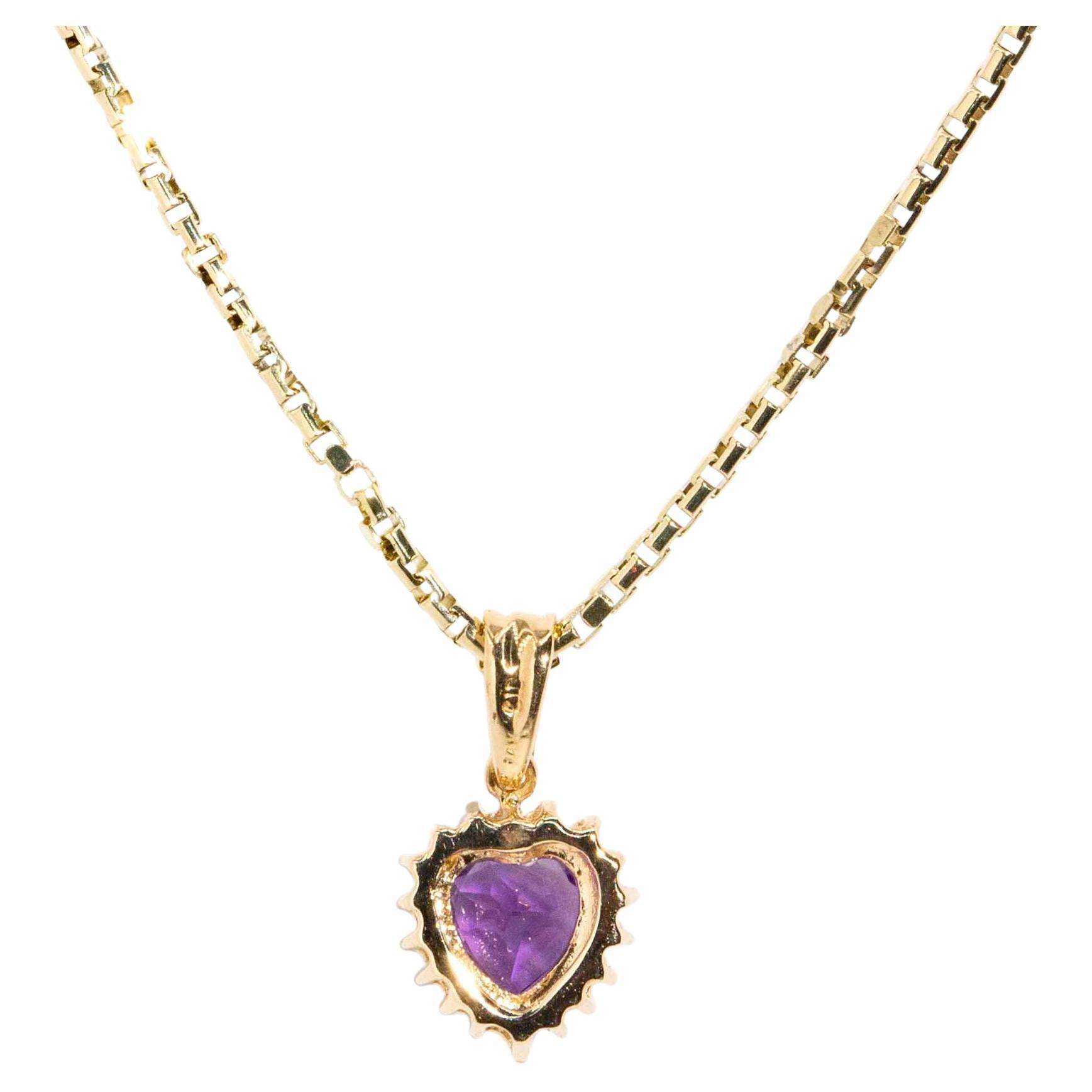 Vintage 1990s Amethyst & Diamond Heart Pendant & Chain 14 Carat Yellow Gold For Sale 2