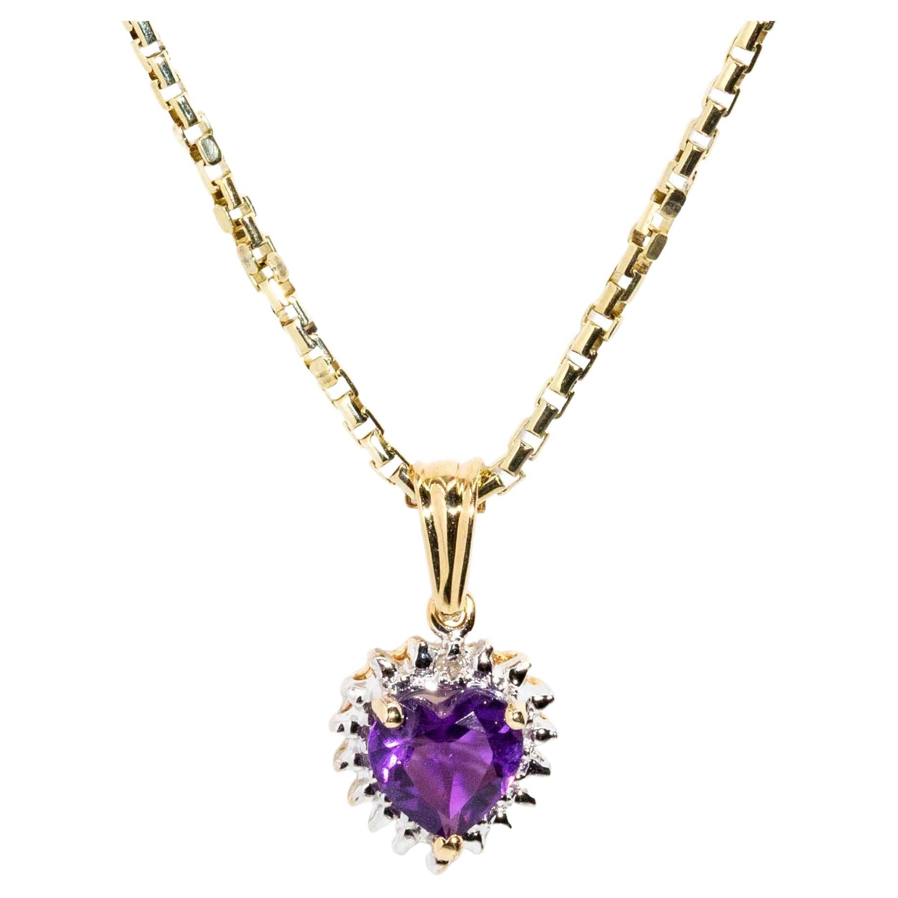 Vintage 1990s Amethyst & Diamond Heart Pendant & Chain 14 Carat Yellow Gold