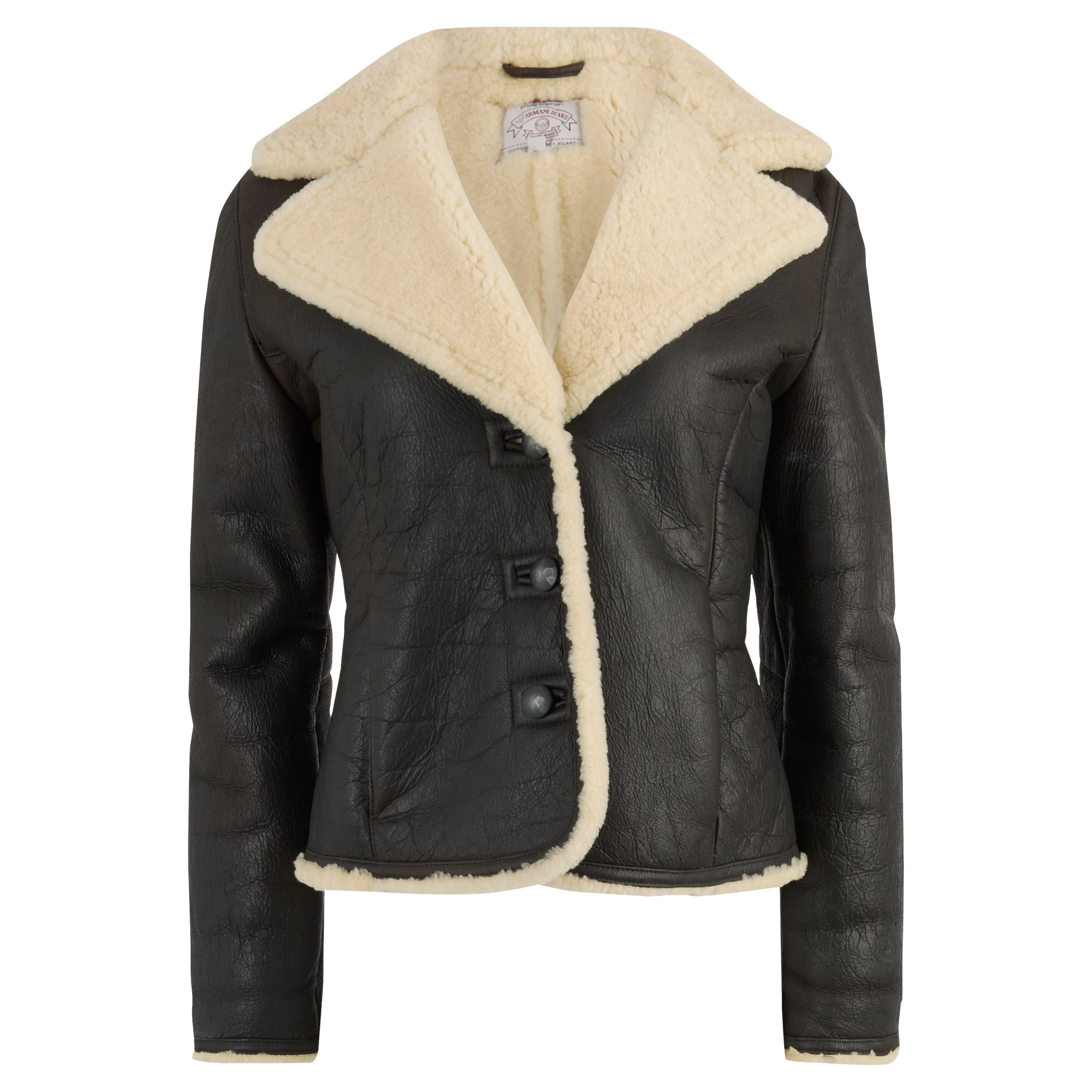 Vintage 1990
s Armani Jeans Brown. Leather Shearling Jacket in vendita