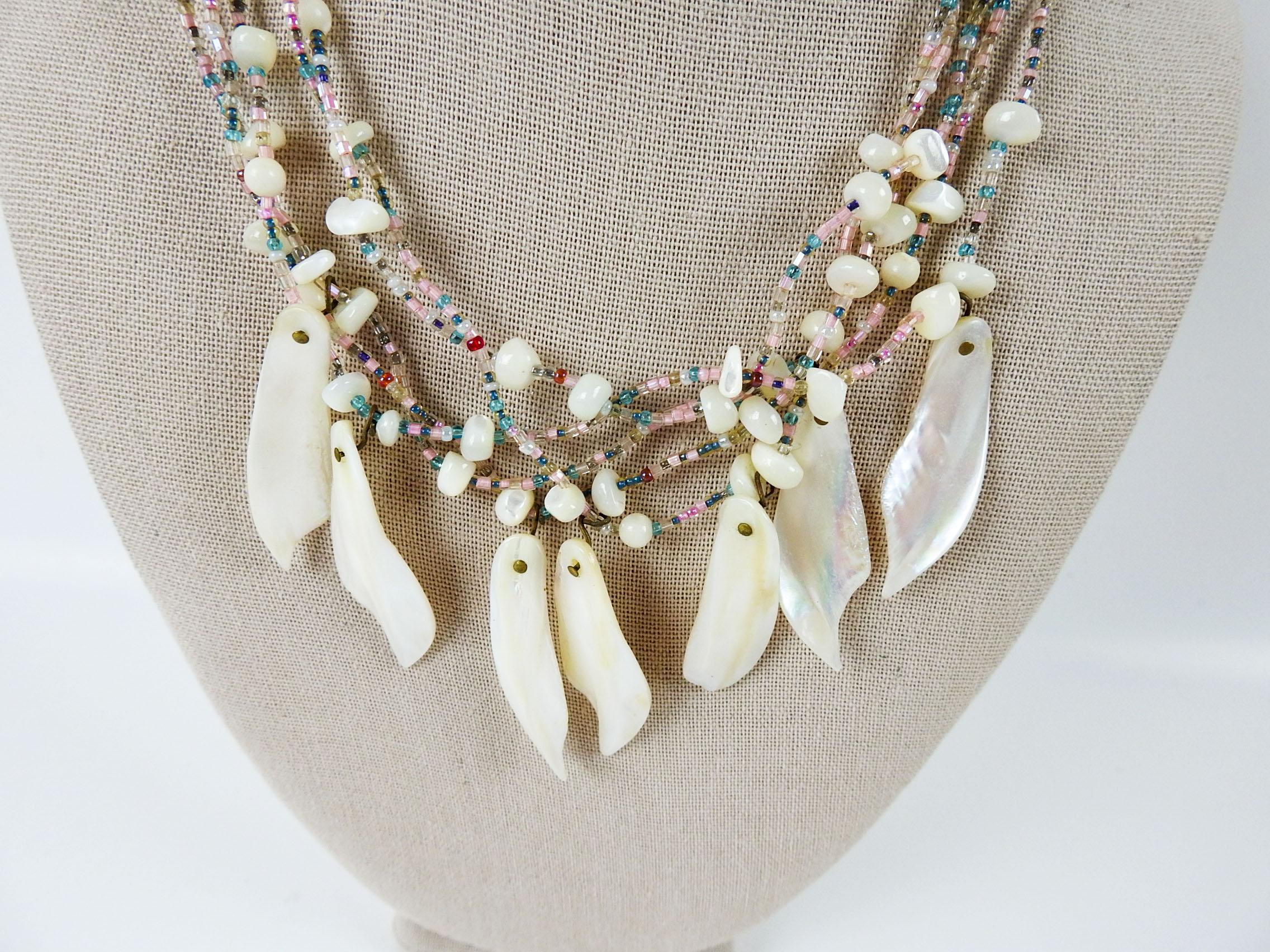 1990's artist studio made beaded necklace using mother of pearl and light blue and pink seed beads. By Linda Thompson (20th/21st century) Texas, 16